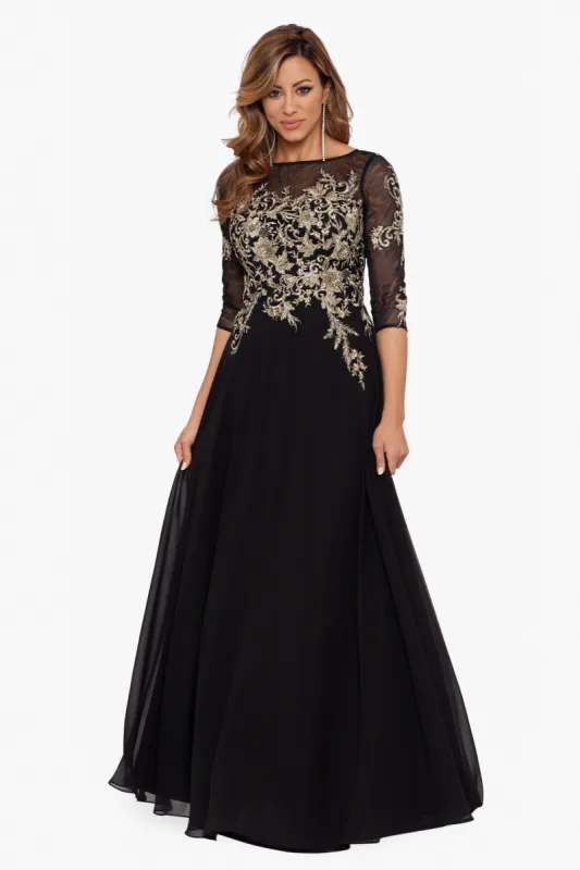 "Brooklyn" Long Embroidery 3/4 Sleeve Dress made by Betsy & Adam