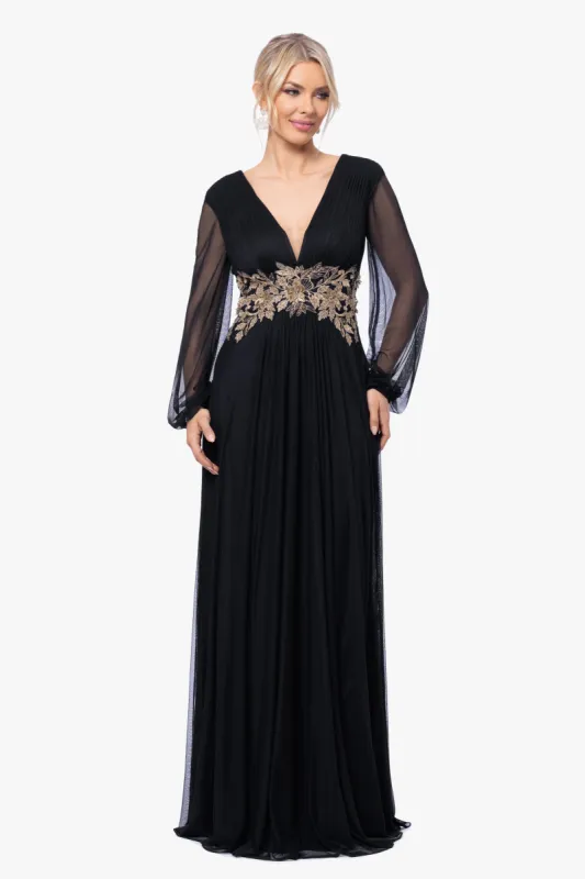 "Rebecca" Long Sleeve Mesh Floor Length Gown sold by Betsy & Adam