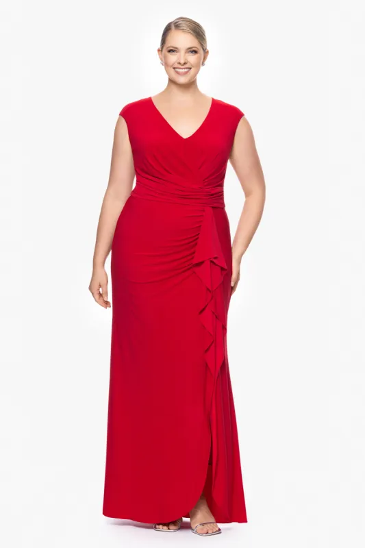 Plus "Marianne" Long Jersey Knit V-Neck Ruffle Dress sold by Betsy & Adam