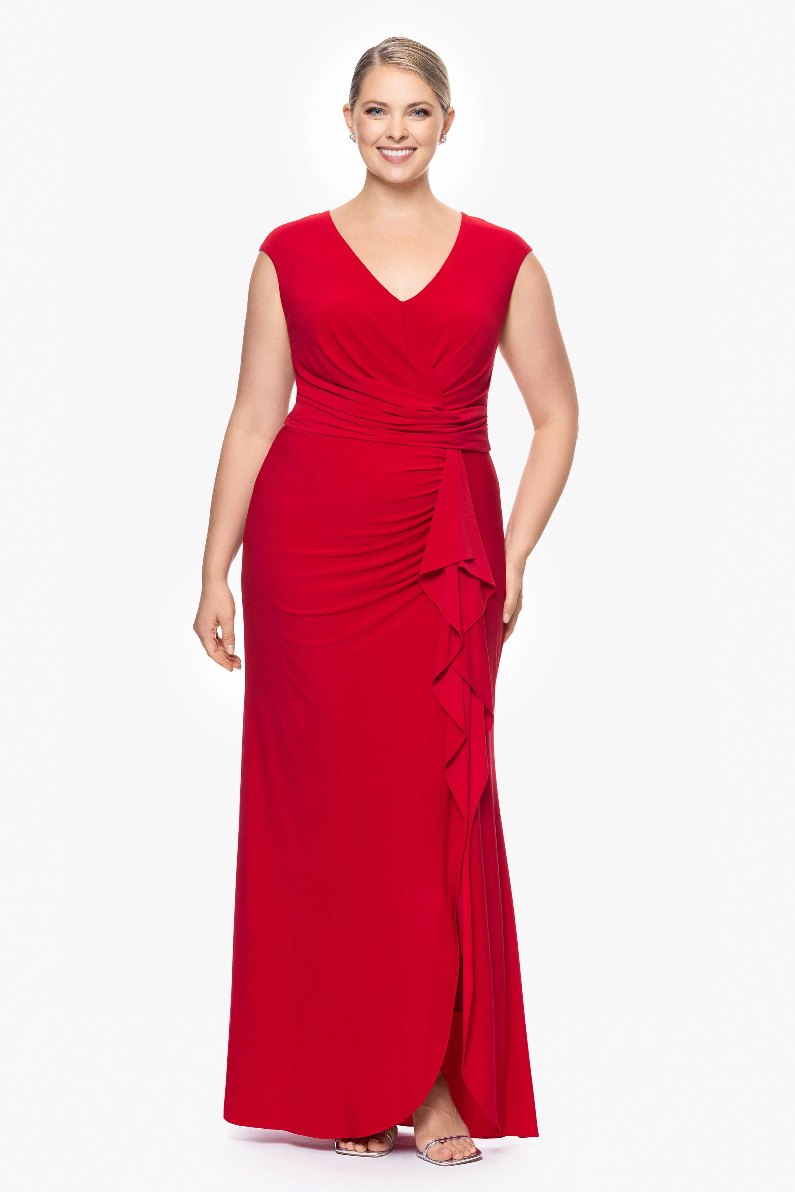 Plus "Marianne" Long Jersey Knit V-Neck Ruffle Dress sold by Betsy & Adam