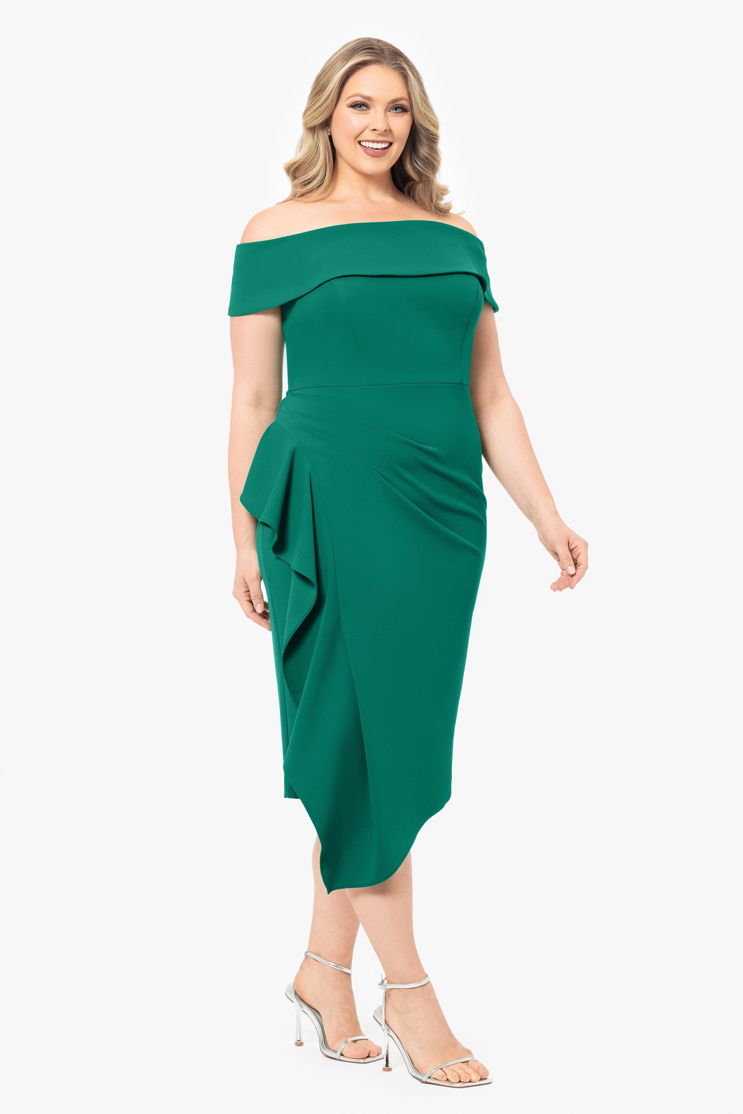Plus "Maya" Midi Scuba Crepe Off the Shoulder Cuff Side Ruching Dress sold by Betsy & Adam product image thumbnail 3