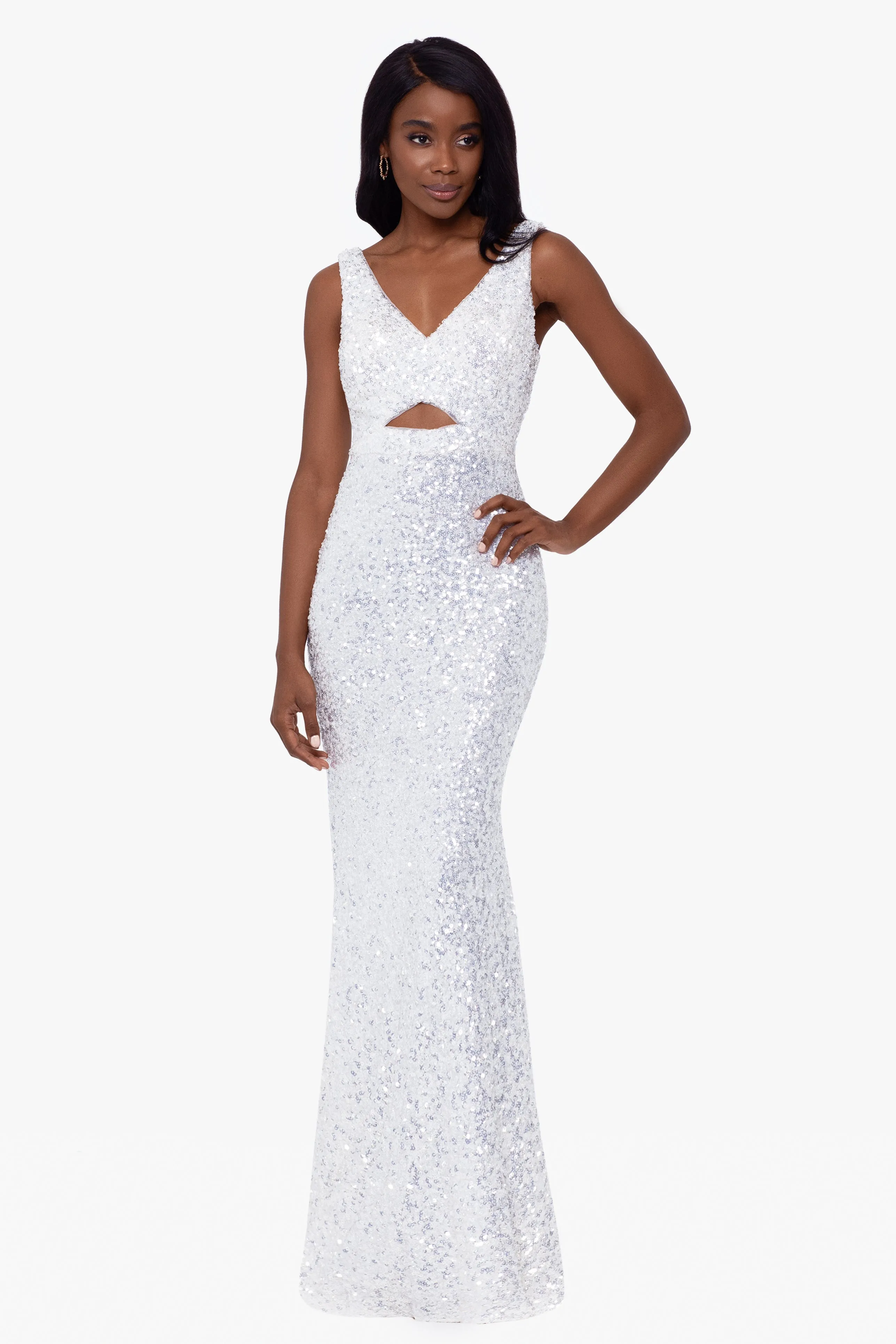 "Gabriella" Long Sequin Cut Out Dress sold by Betsy & Adam