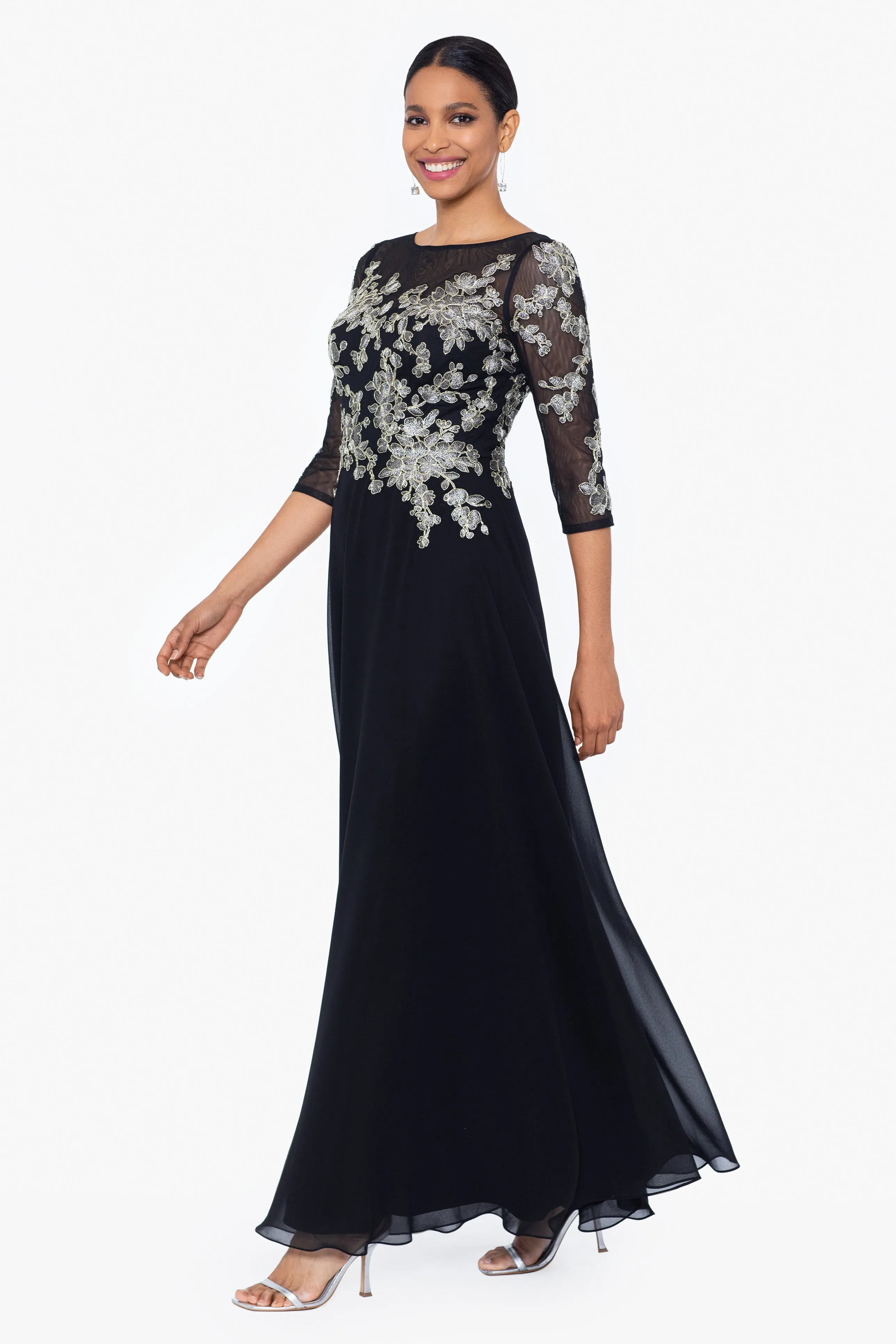 "Vivian" Embroidered Applique High Multi Chiffon 3/4 Sleeve Dress sold by Betsy & Adam product image thumbnail 3