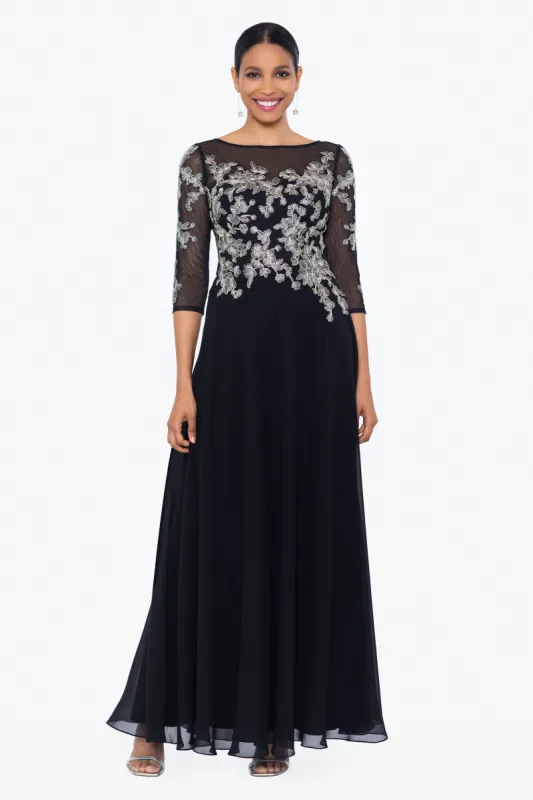 "Vivian" Embroidered Applique High Multi Chiffon 3/4 Sleeve Dress sold by Betsy & Adam