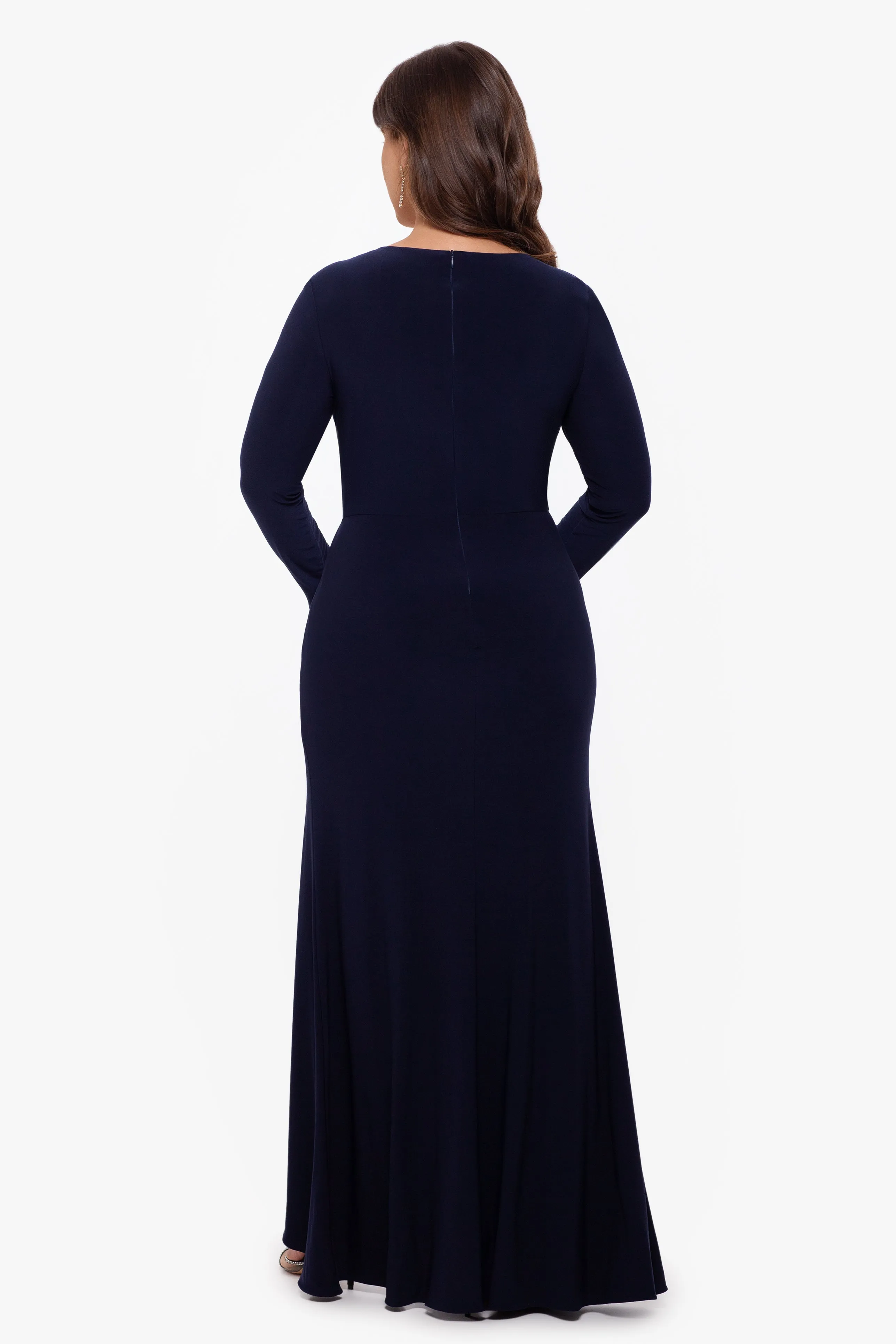 Plus "Elle" Long Sleeve Side Ruffled Slit Gown sold by Betsy & Adam product image thumbnail 3