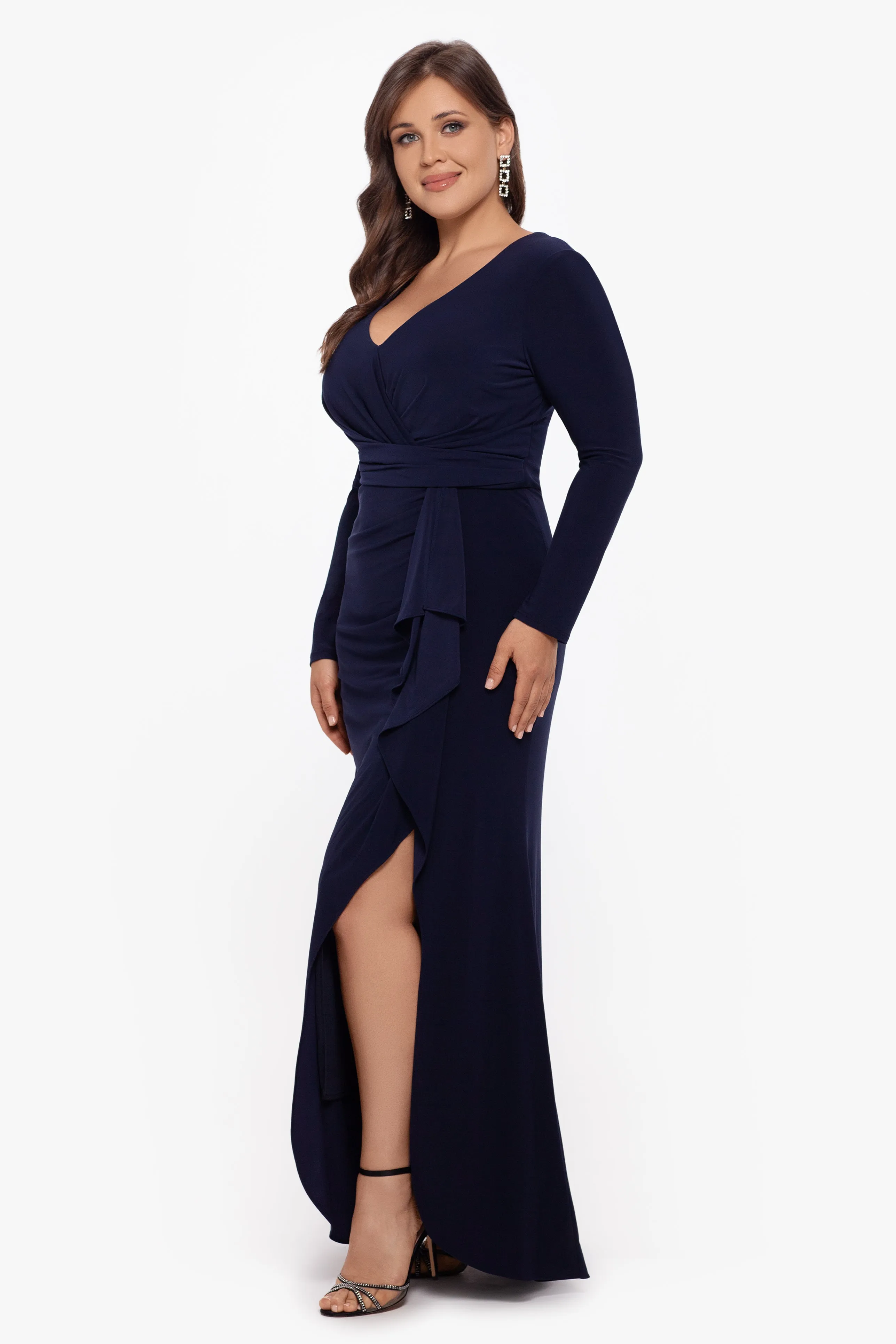 Plus "Elle" Long Sleeve Side Ruffled Slit Gown sold by Betsy & Adam product image thumbnail 2