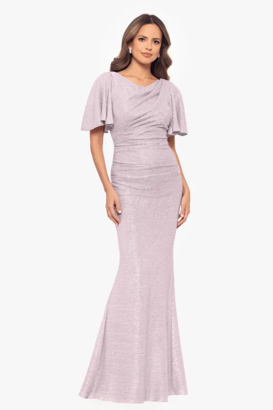 "Demetria" Long Metallic Flutter Sleeve Dress sold by Betsy & Adam