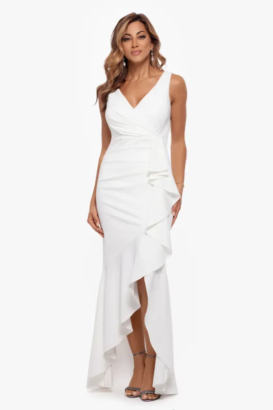 "Candace" Long V- Neck Hi Low Cascade Dress sold by Betsy & Adam