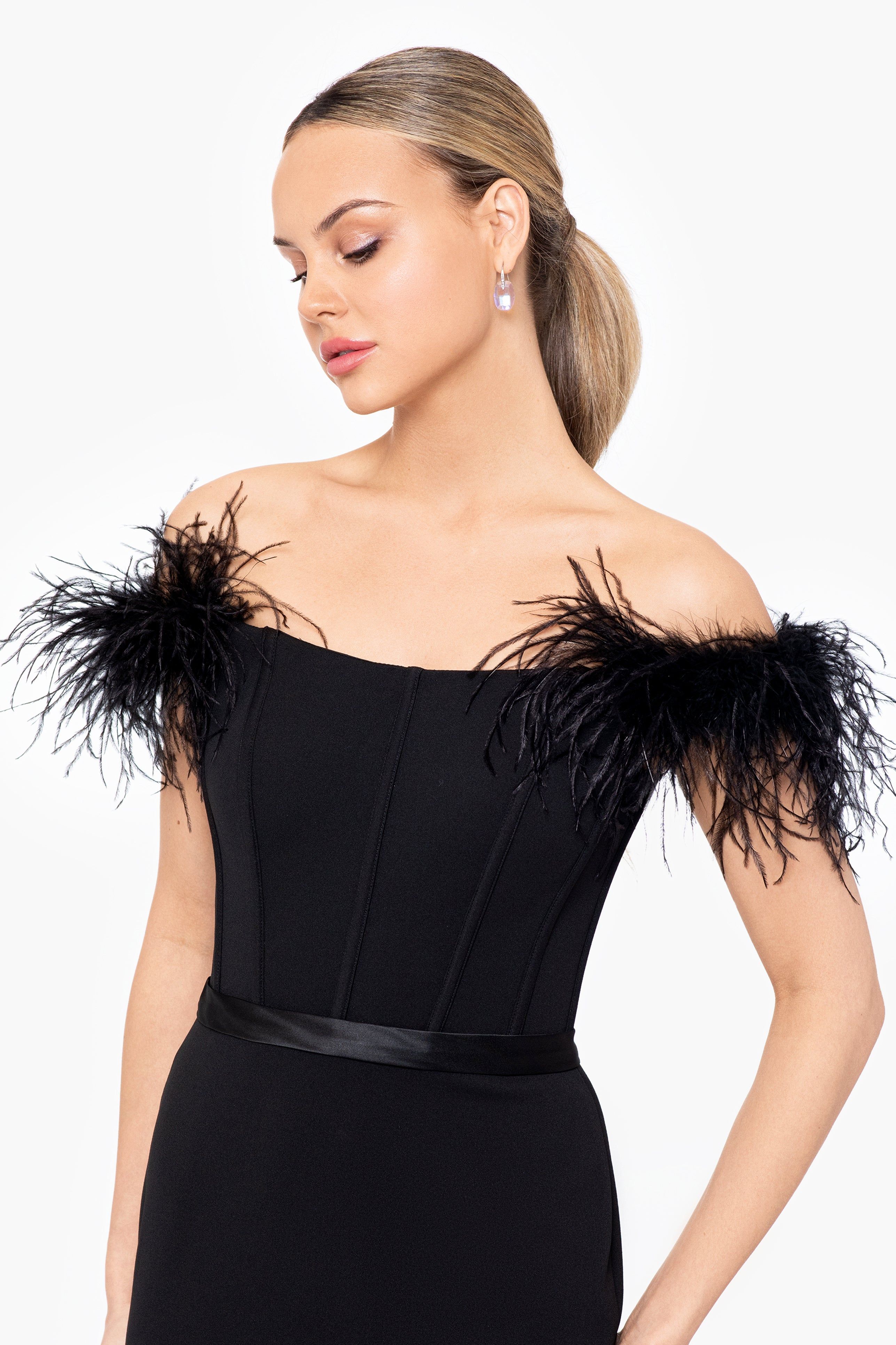 "Kimberly" Long Scuba Crepe Off the Shoulder Feather Dress sold by Betsy & Adam product image thumbnail 3