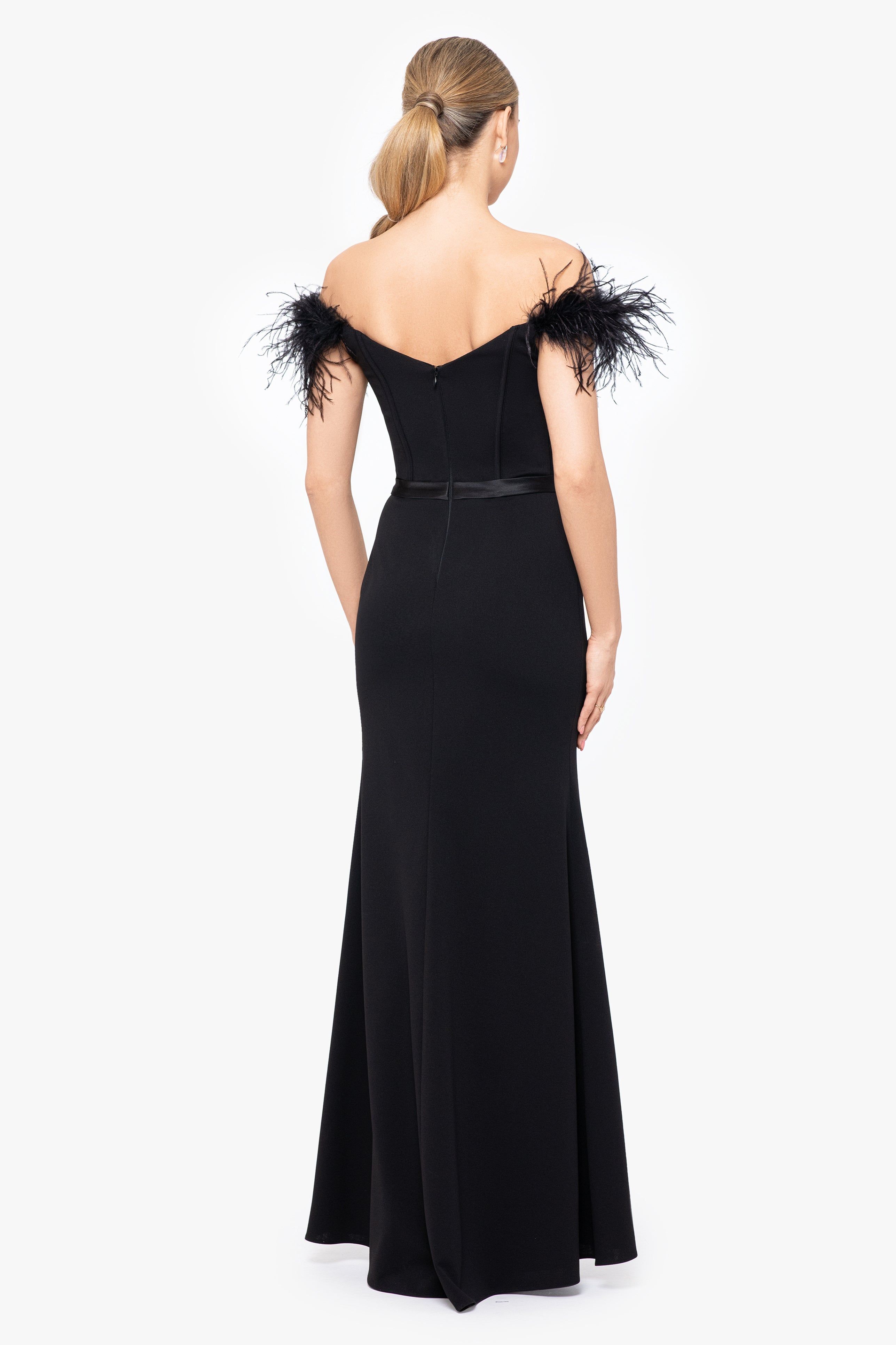 "Kimberly" Long Scuba Crepe Off the Shoulder Feather Dress sold by Betsy & Adam product image thumbnail 2