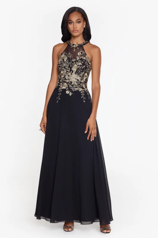 "Celeste" Long Embroidered Chiffon Gown sold by Betsy & Adam