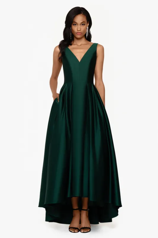 Petite "Monet" Long Satin V-Neck High Low Ballgown sold by Betsy & Adam