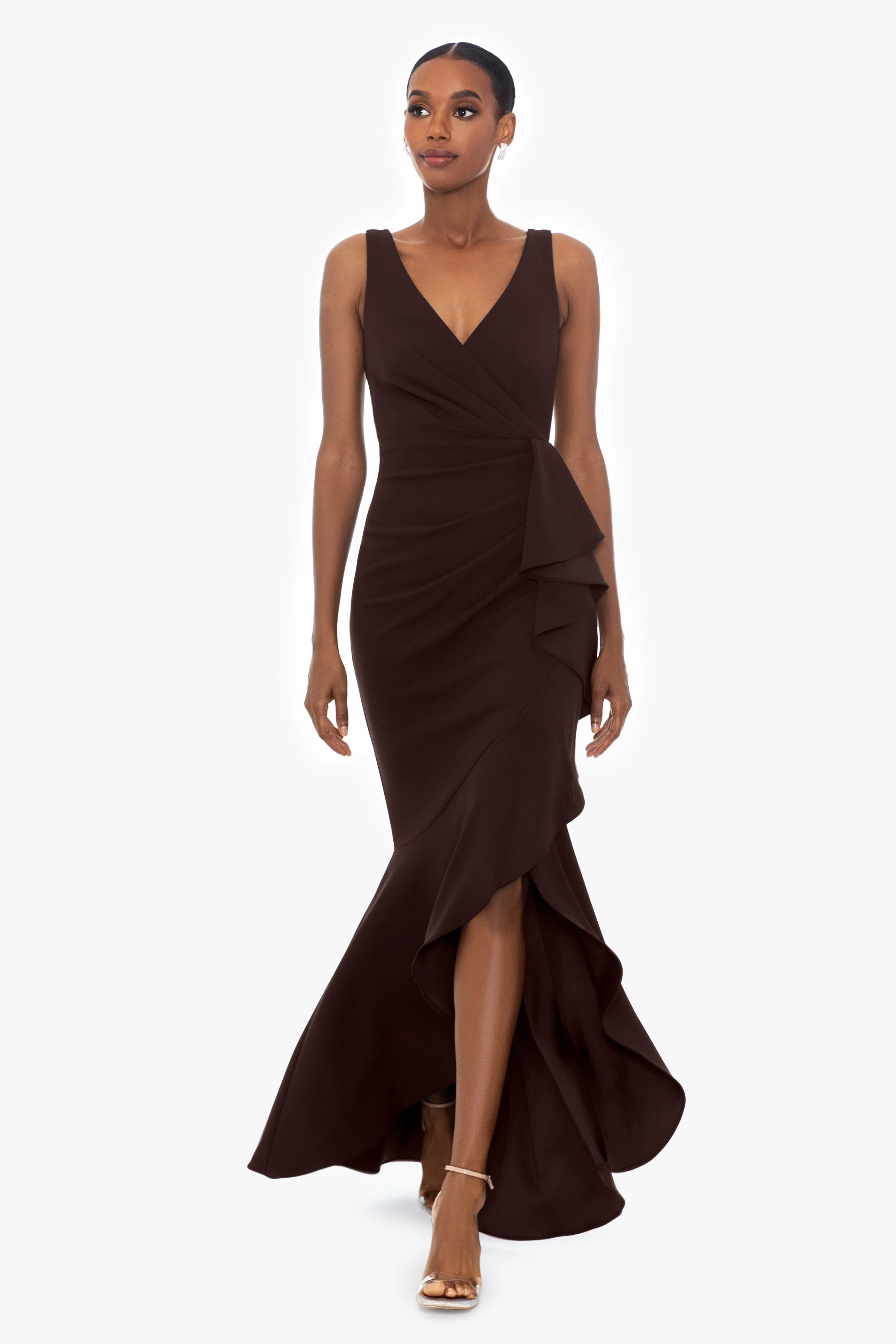 "Candace" Long V- Neck Hi Low Cascade Dress sold by Betsy & Adam