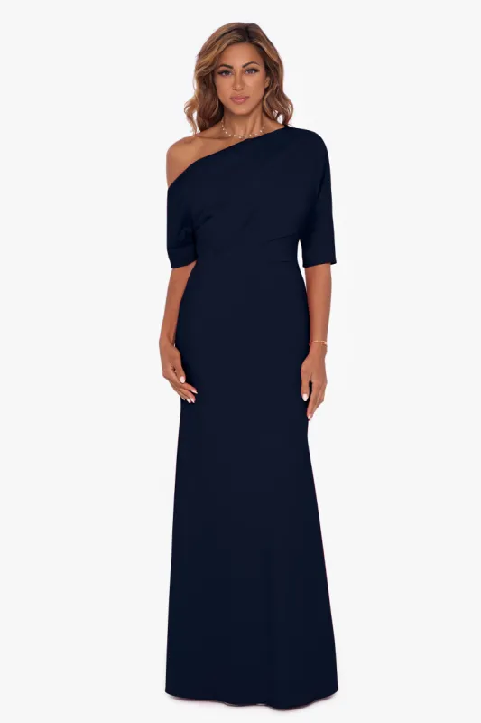 "Madeline" Long Scuba Crepe Off the Shoulder Drop Dress sold by Betsy & Adam