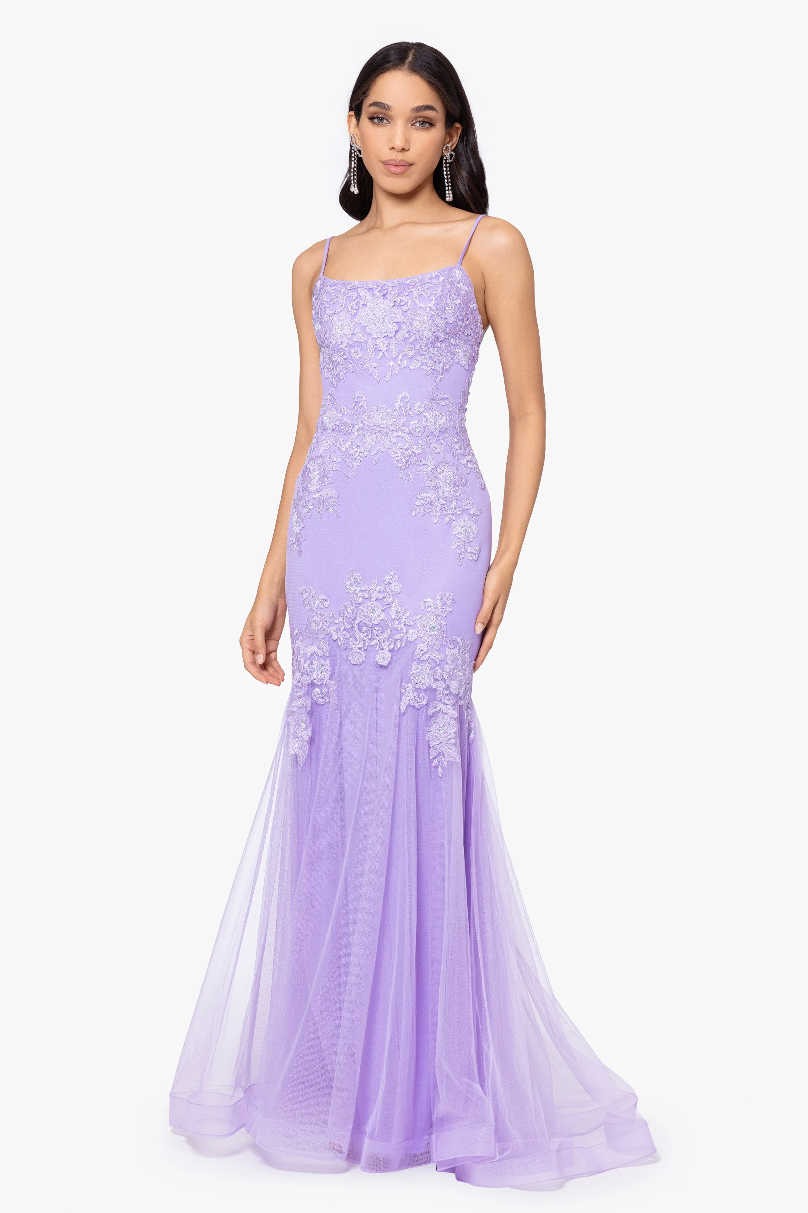 Blondie Nites "Faith" Long Slim Spaghetti Strap Mesh Applique Dress sold by Betsy & Adam product image thumbnail 3