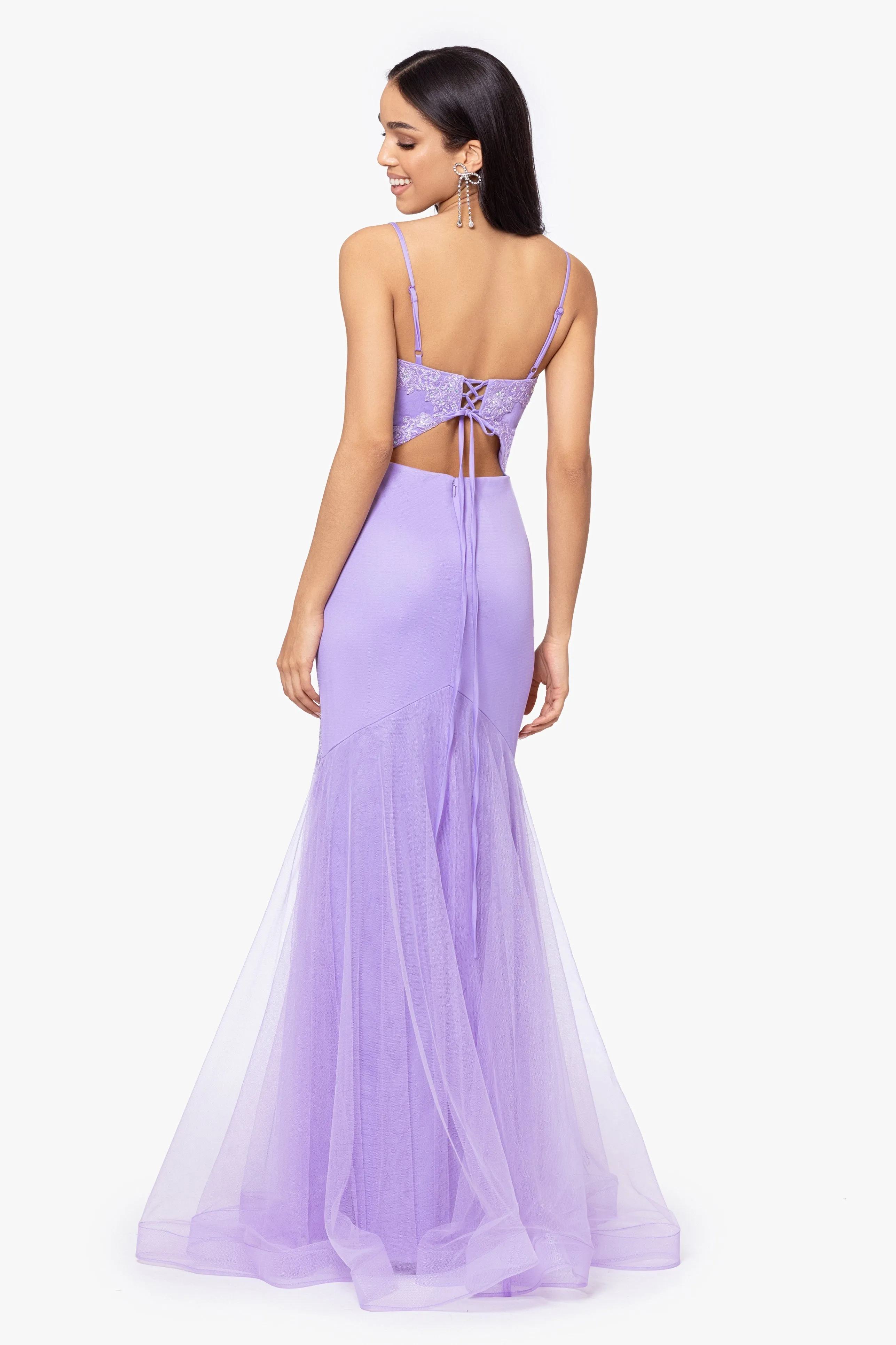 Blondie Nites "Faith" Long Slim Spaghetti Strap Mesh Applique Dress sold by Betsy & Adam product image thumbnail 2