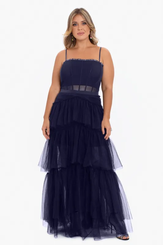 Plus "Jasmine" Long Spaghetti Strap Mesh Corset Gown sold by Betsy & Adam