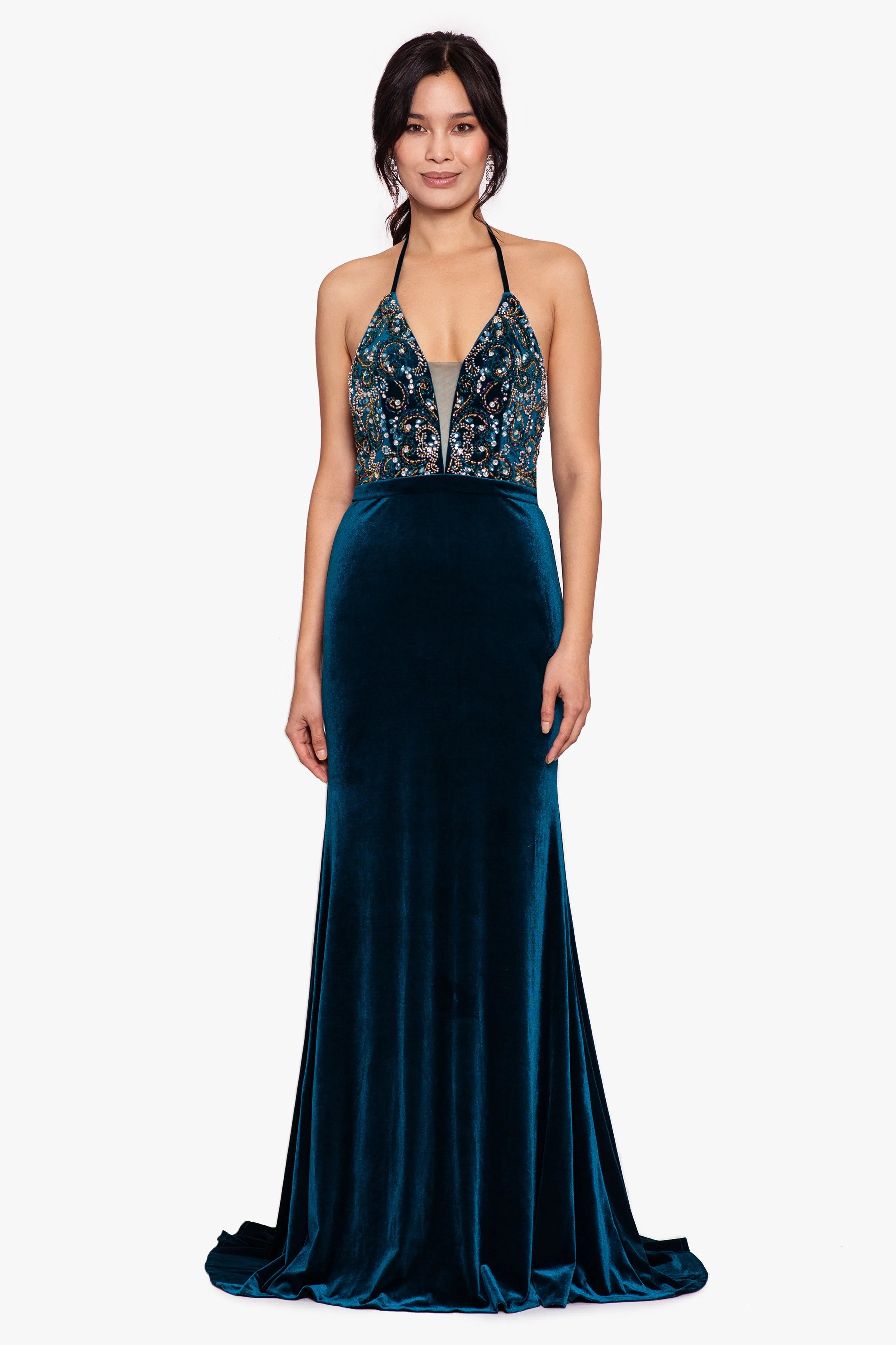 "Savannah" Long Beaded V-Neck Velvet Gown sold by Betsy & Adam product image thumbnail 4