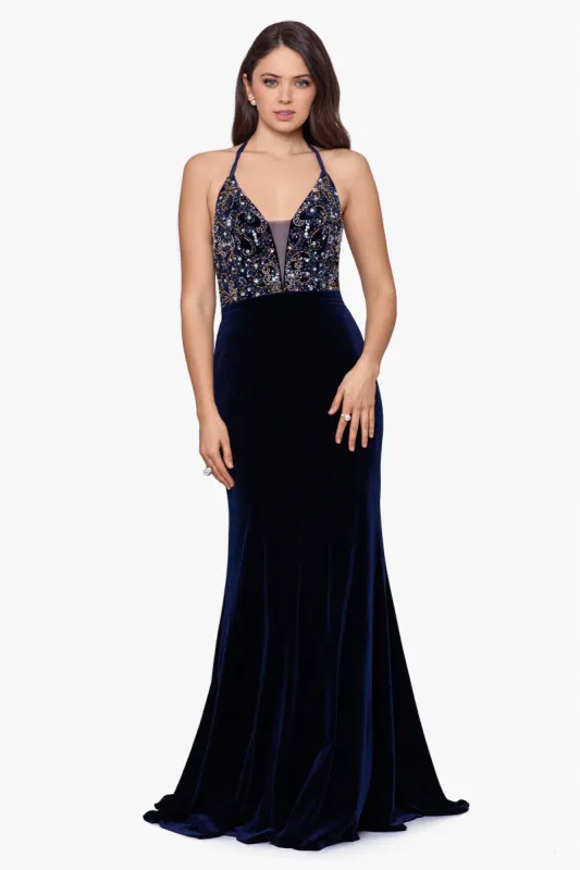 "Savannah" Long Beaded V-Neck Velvet Gown made by Betsy & Adam