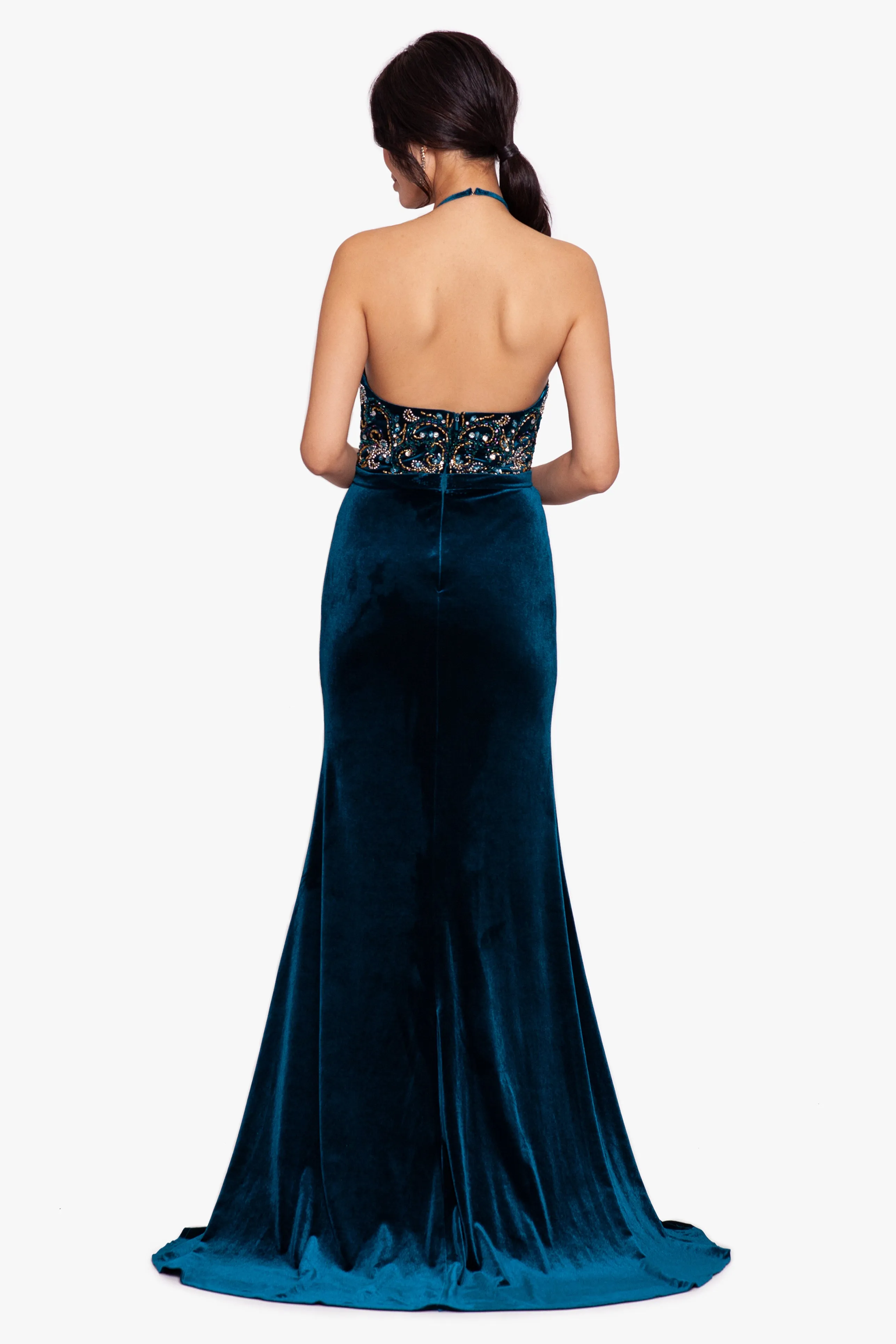 "Savannah" Long Beaded V-Neck Velvet Gown sold by Betsy & Adam product image thumbnail 5
