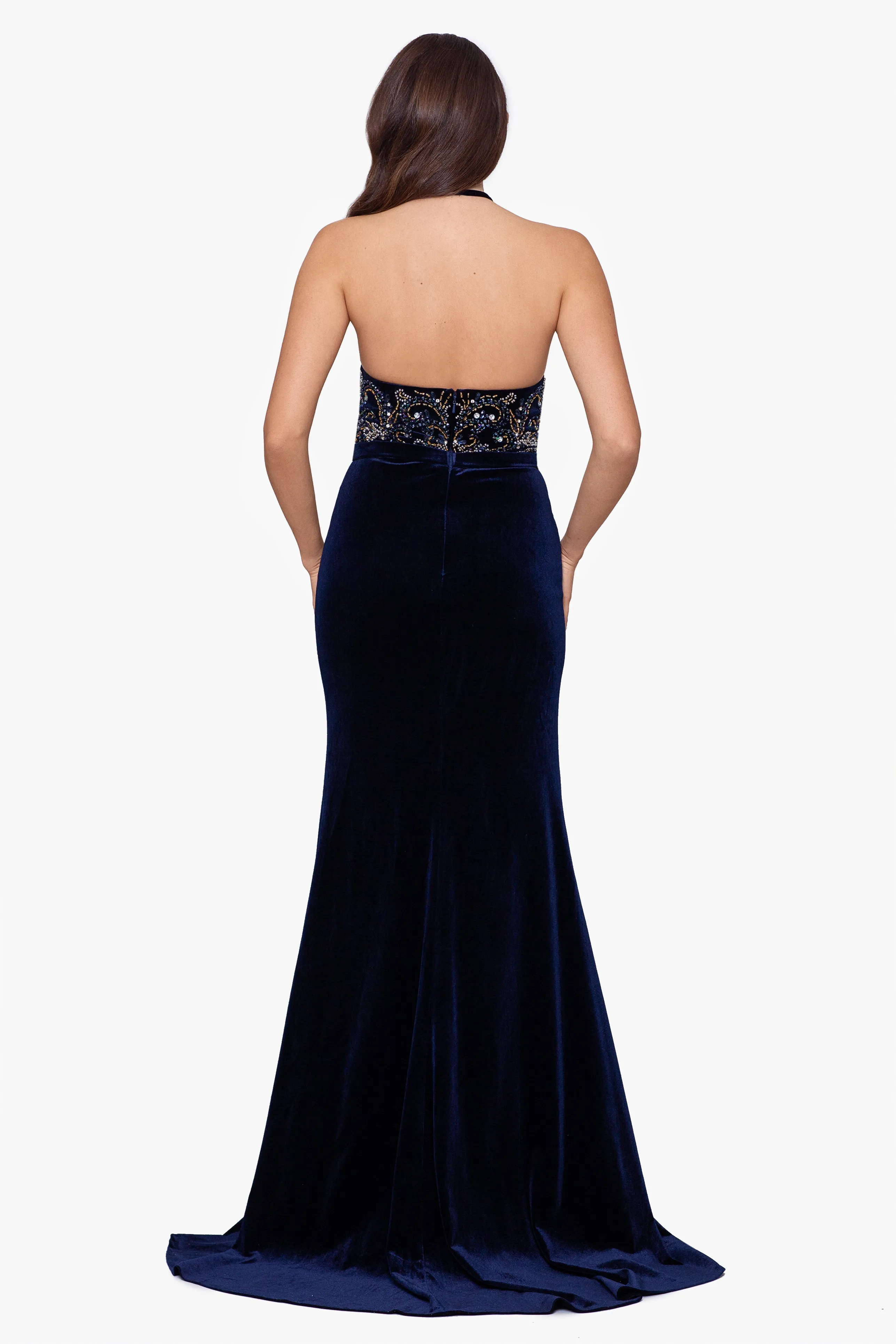 "Savannah" Long Beaded V-Neck Velvet Gown sold by Betsy & Adam product image thumbnail 2