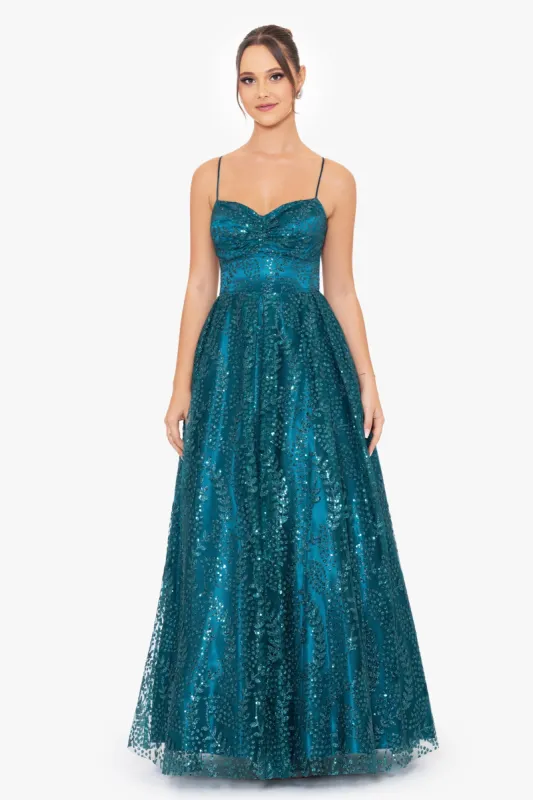 "Maeve" Glitter Pinch Tie Back Ballgown sold by Betsy & Adam