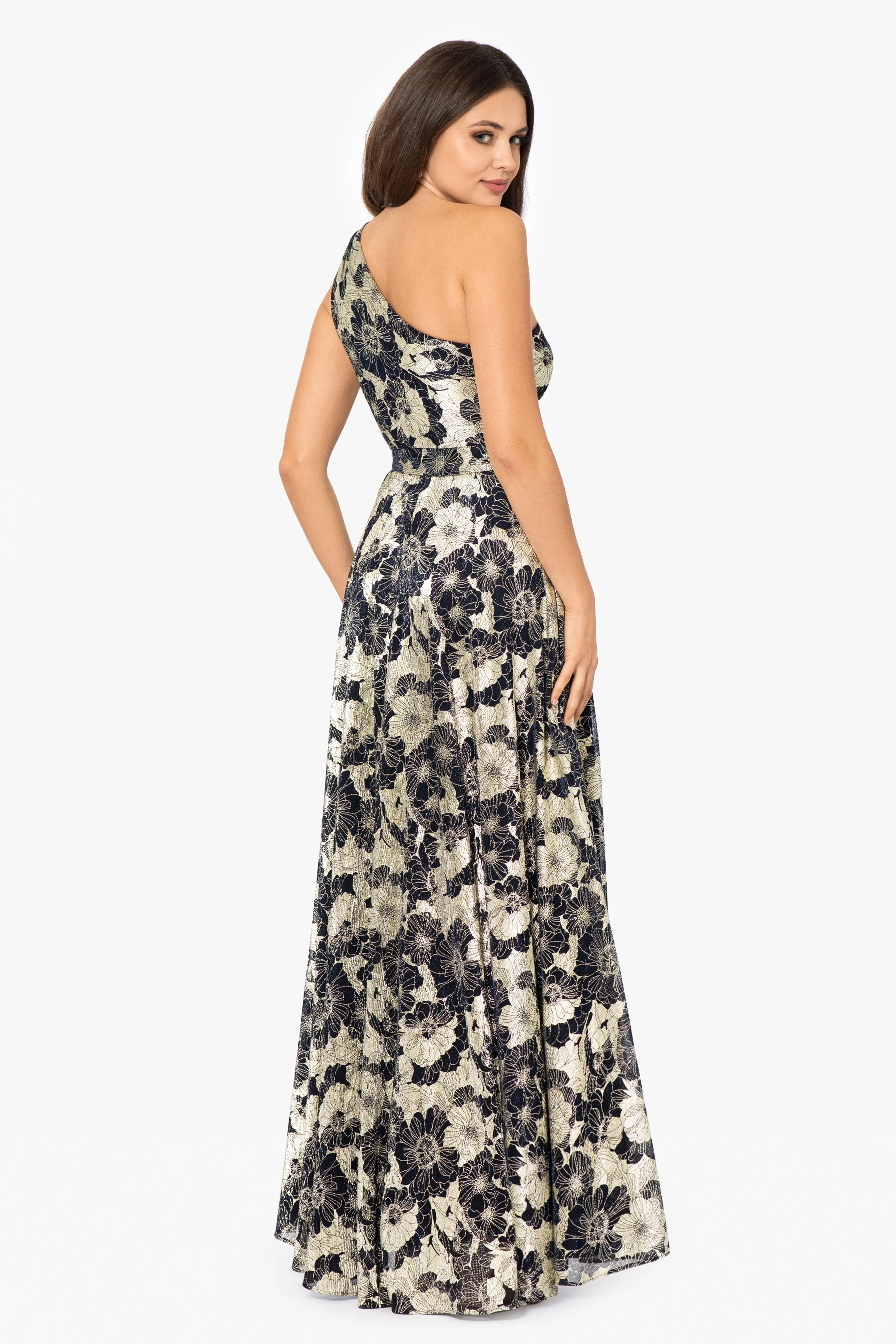 "Gwen" Long One Shoulder Wrap Foil Flower Dress sold by Betsy & Adam product image thumbnail 2
