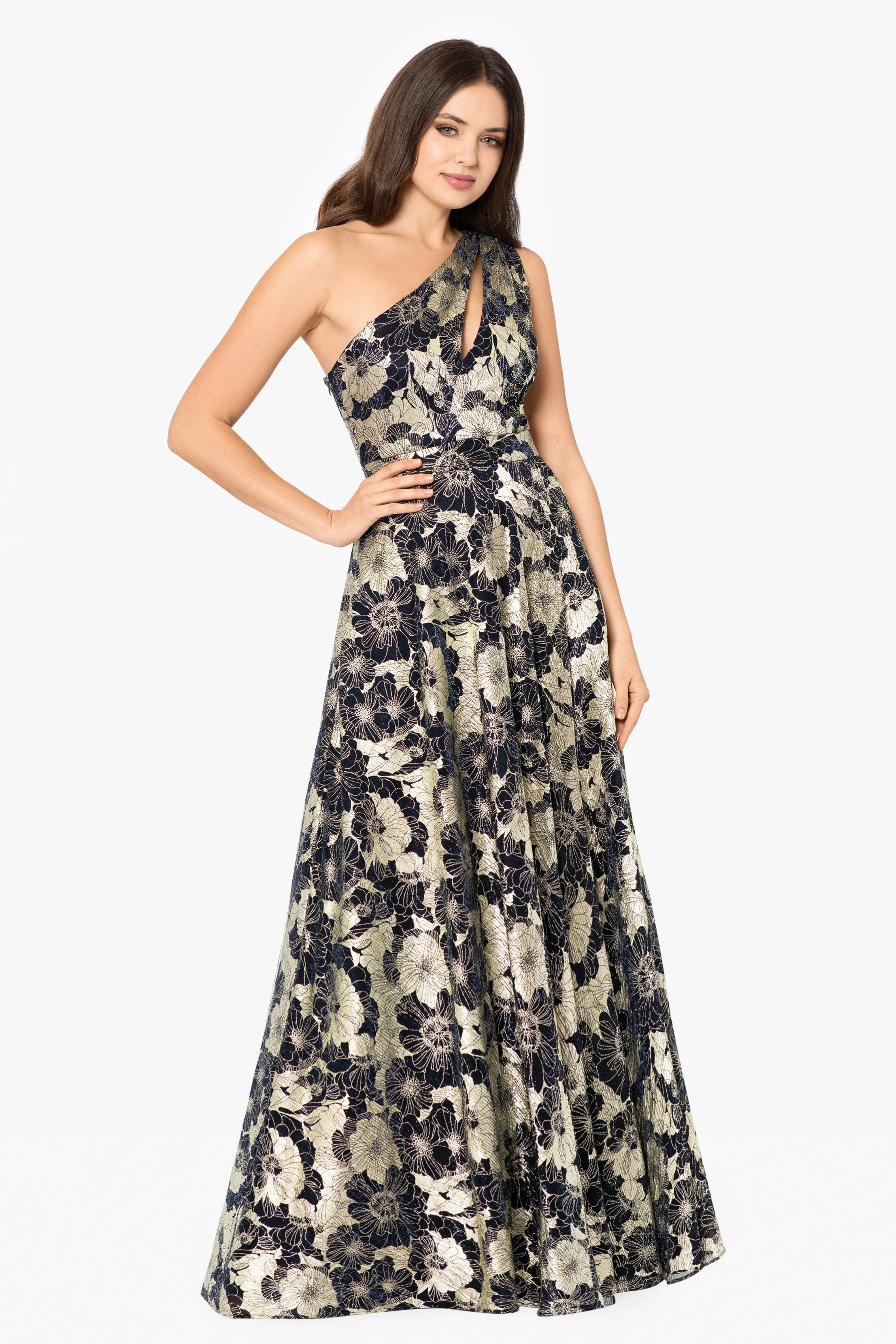 "Gwen" Long One Shoulder Wrap Foil Flower Dress sold by Betsy & Adam product image thumbnail 3