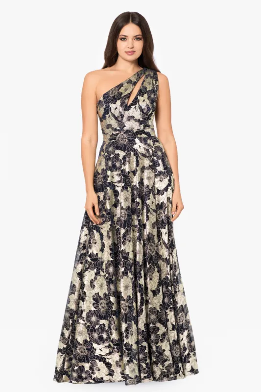 "Gwen" Long One Shoulder Wrap Foil Flower Dress made by Betsy & Adam