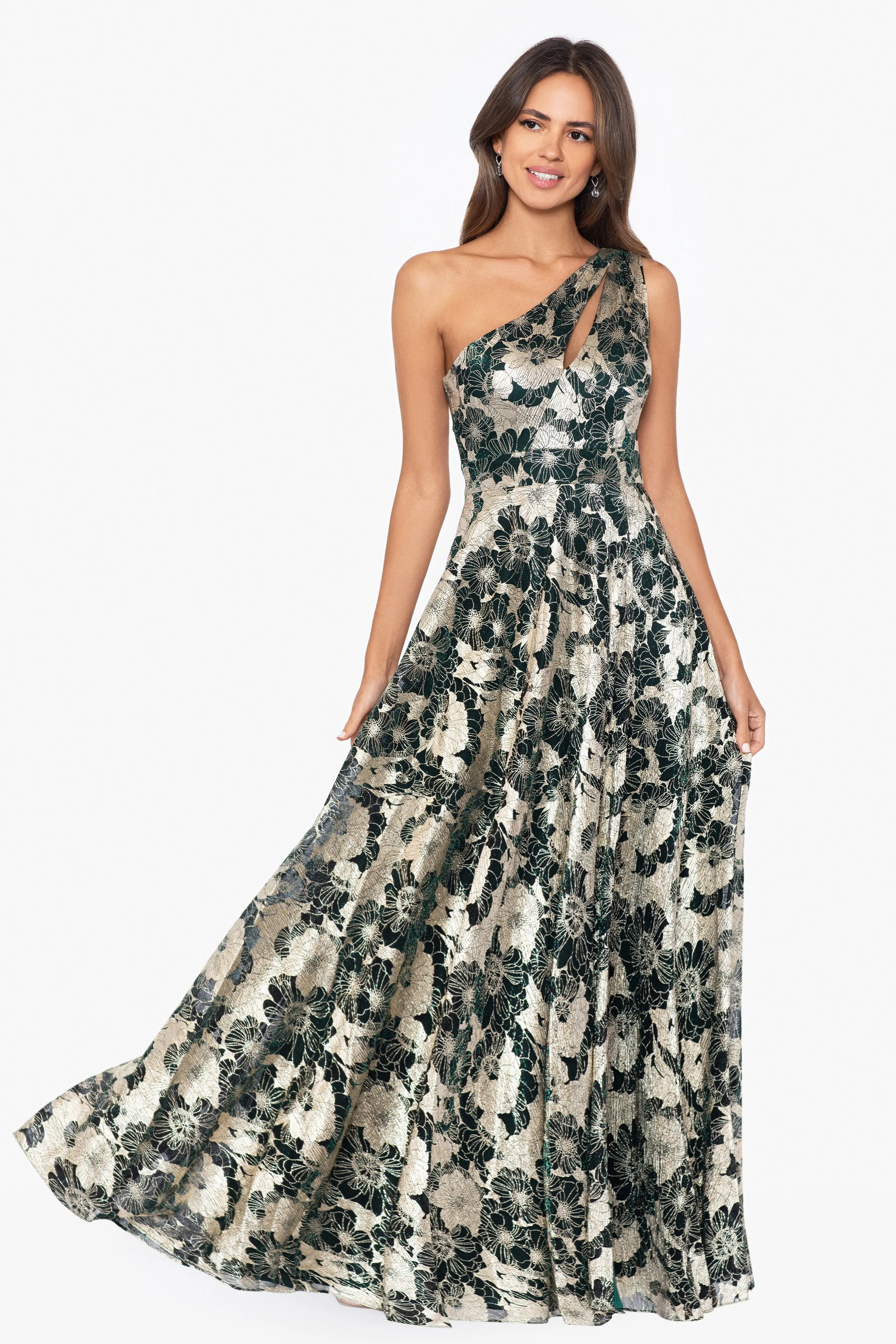 "Gwen" Long One Shoulder Wrap Foil Flower Dress sold by Betsy & Adam product image thumbnail 5