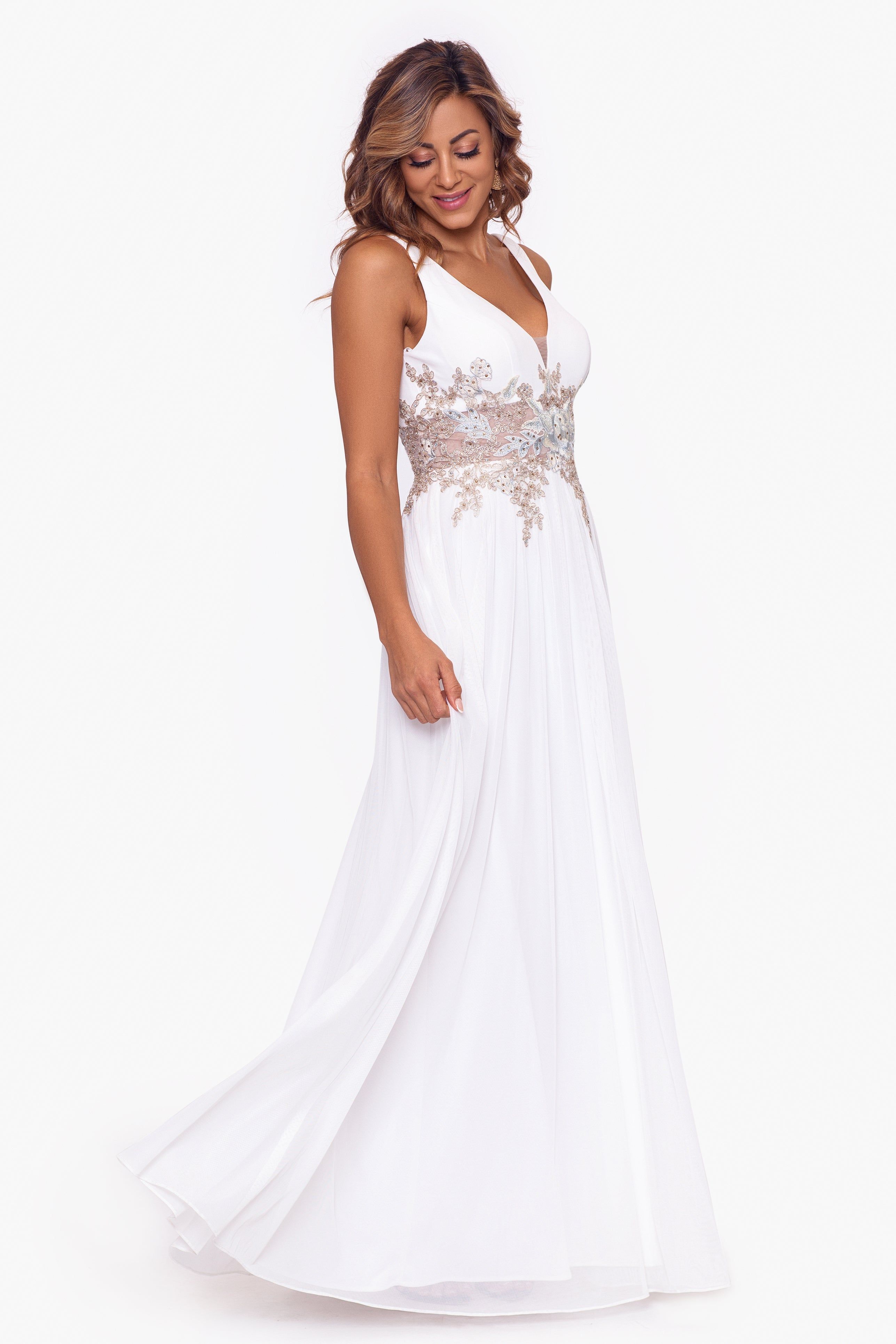 "Zoe" Long Chiffon Embroidery Waist V Neck Dress sold by Betsy & Adam product image thumbnail 3