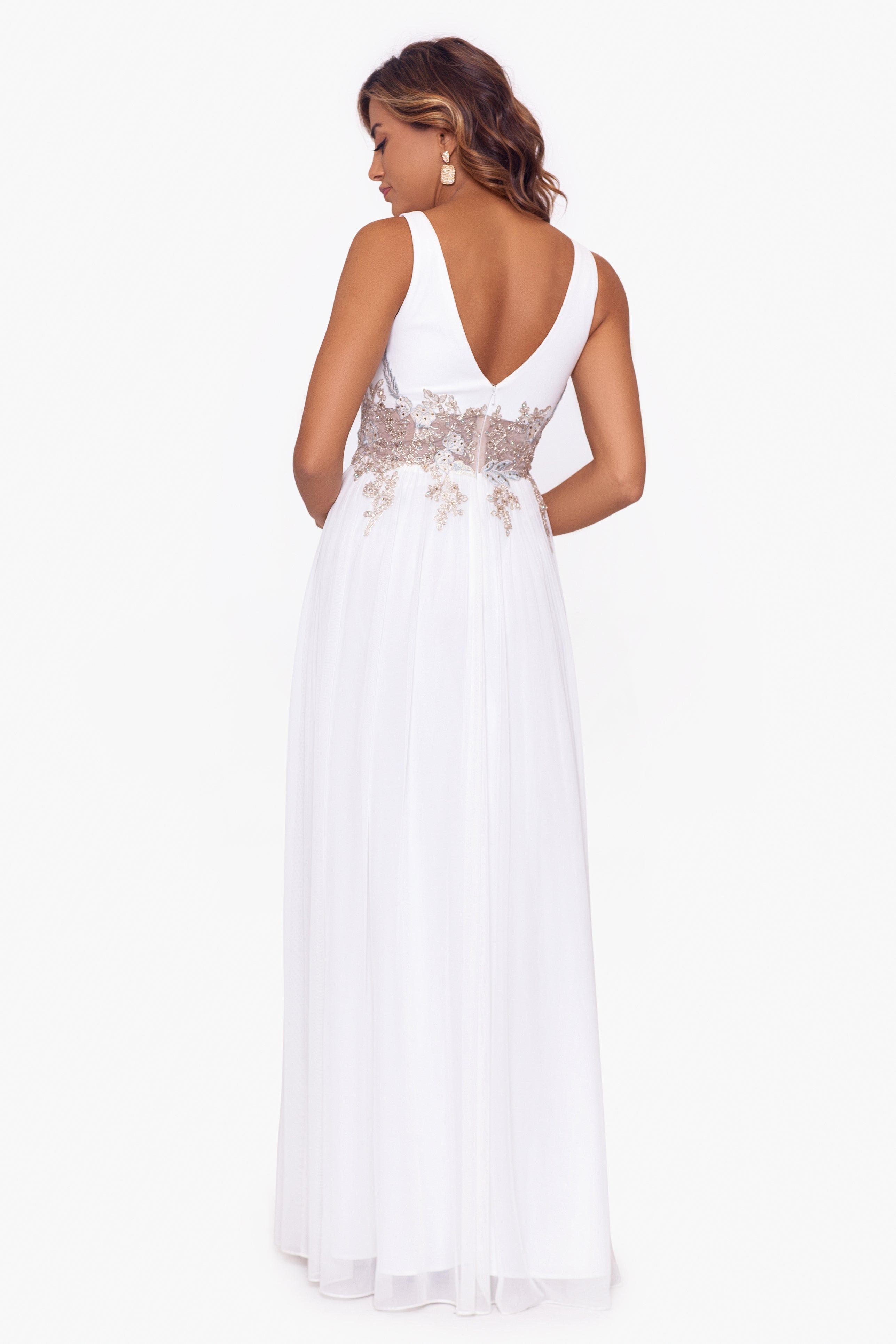 "Zoe" Long Chiffon Embroidery Waist V Neck Dress sold by Betsy & Adam product image thumbnail 2