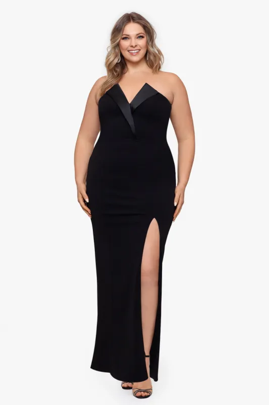 Plus "Violette" Long Strapless V Neck Tuxedo Dress made by Betsy & Adam