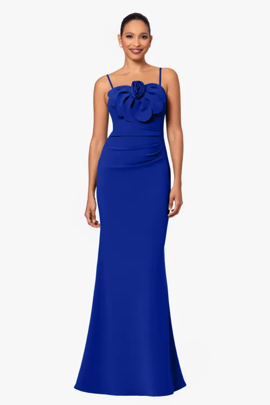 "Tina" Long Scuba Crepe Spaghetti Strap Flower Dress sold by Betsy & Adam