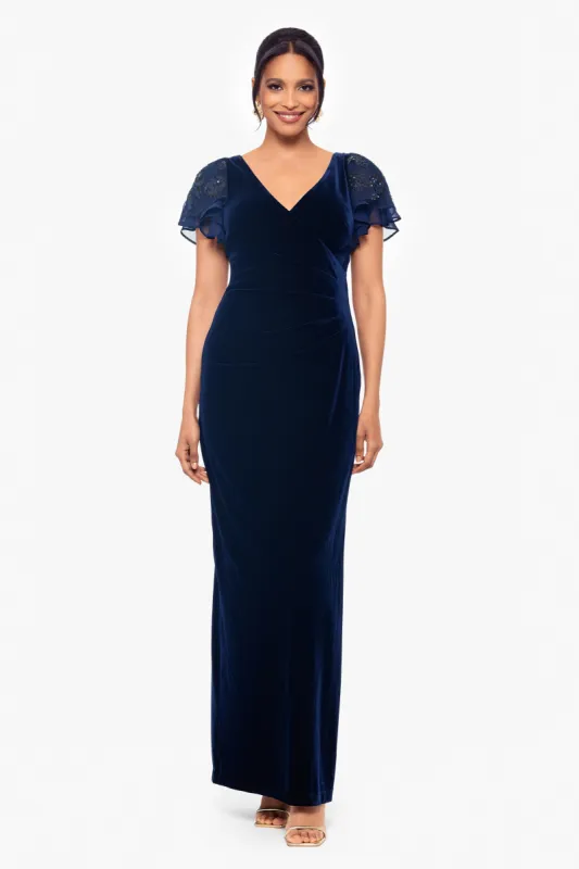 "Carolina" Long Velvet V-Neck Sequin Sleeve Dress sold by Betsy & Adam