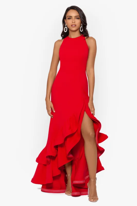 "Arielle" Scuba Crepe Ruffle Slit Gown sold by Betsy & Adam