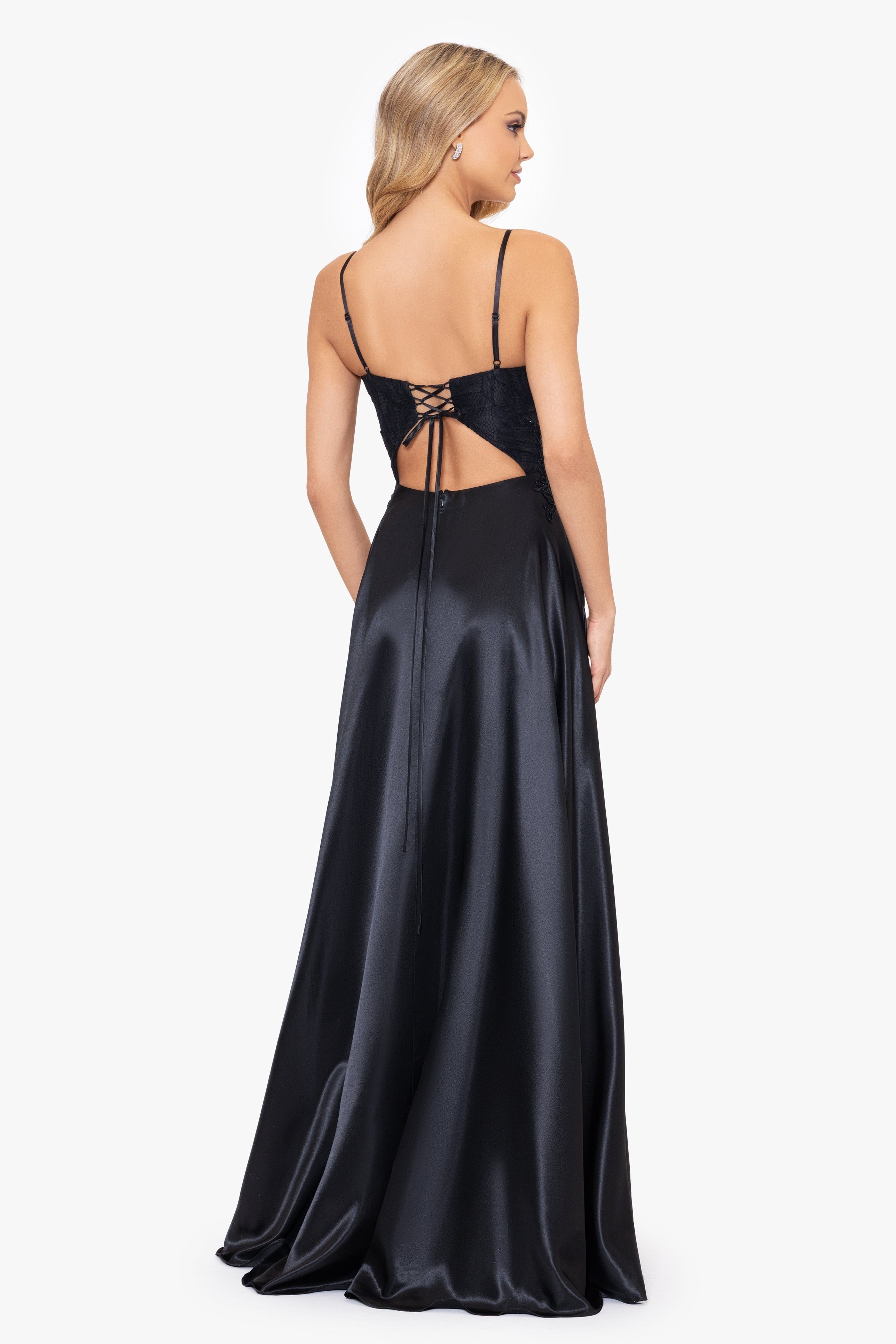 "Shaina" Long Charmeuse V-Neck Tieback Gown sold by Betsy & Adam product image thumbnail 2
