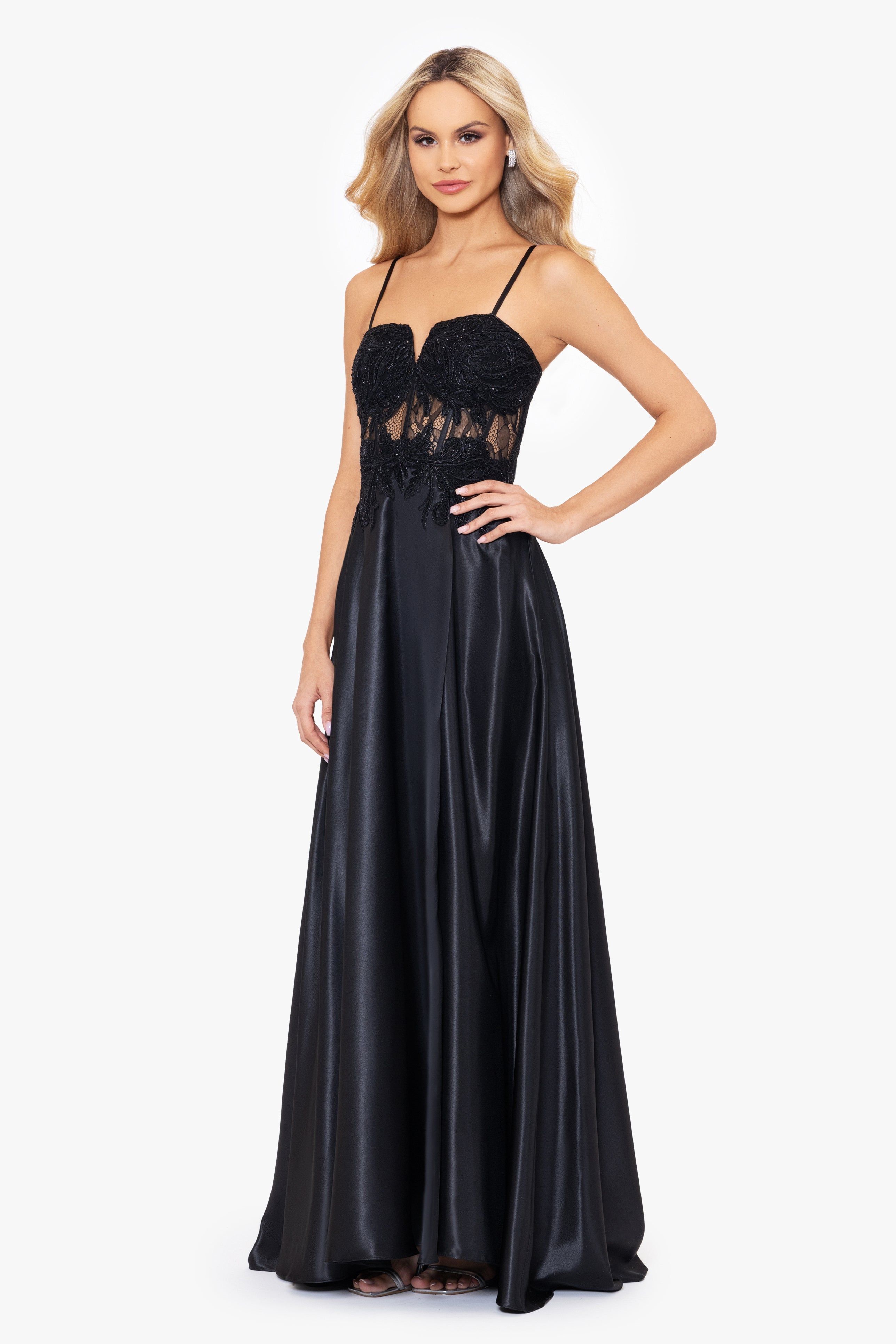 "Shaina" Long Charmeuse V-Neck Tieback Gown sold by Betsy & Adam product image thumbnail 3