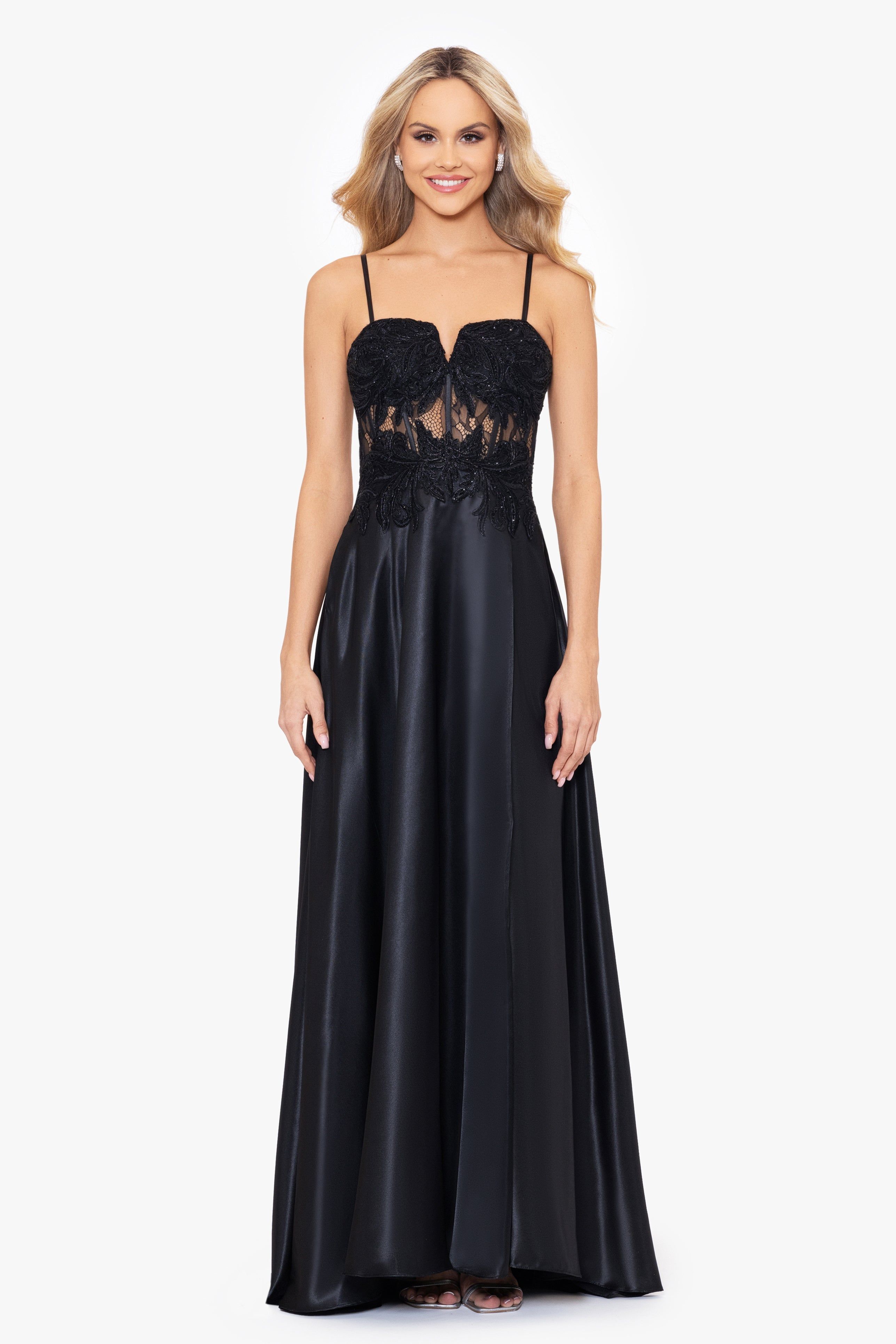 "Shaina" Long Charmeuse V-Neck Tieback Gown sold by Betsy & Adam