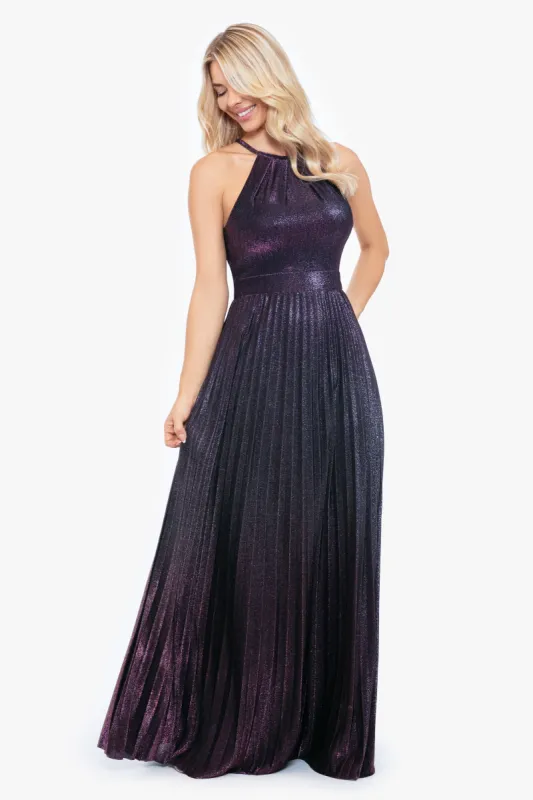 Petite "Drea" Long Ombre Glitter Pleated Floor Length Dress sold by Betsy & Adam