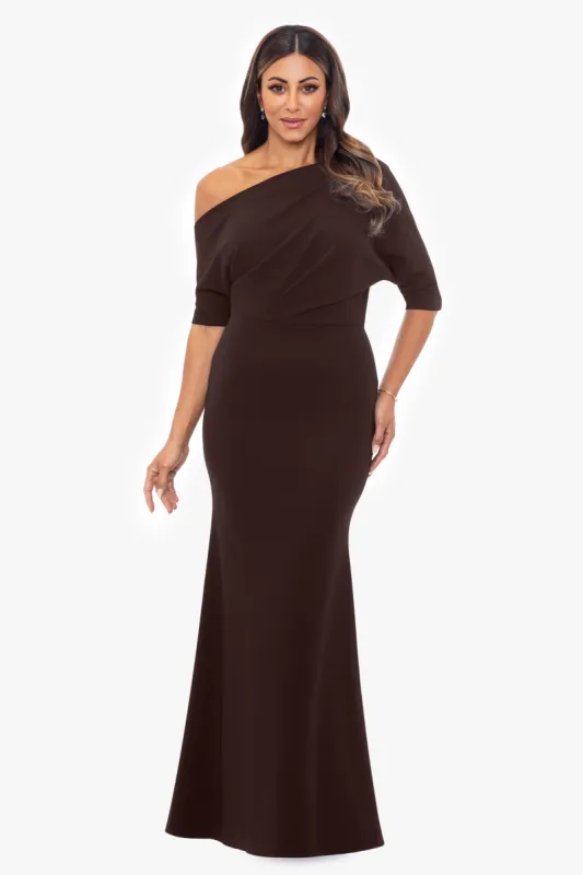 "Madeline" Long Scuba Crepe Off the Shoulder Drop Dress sold by Betsy & Adam