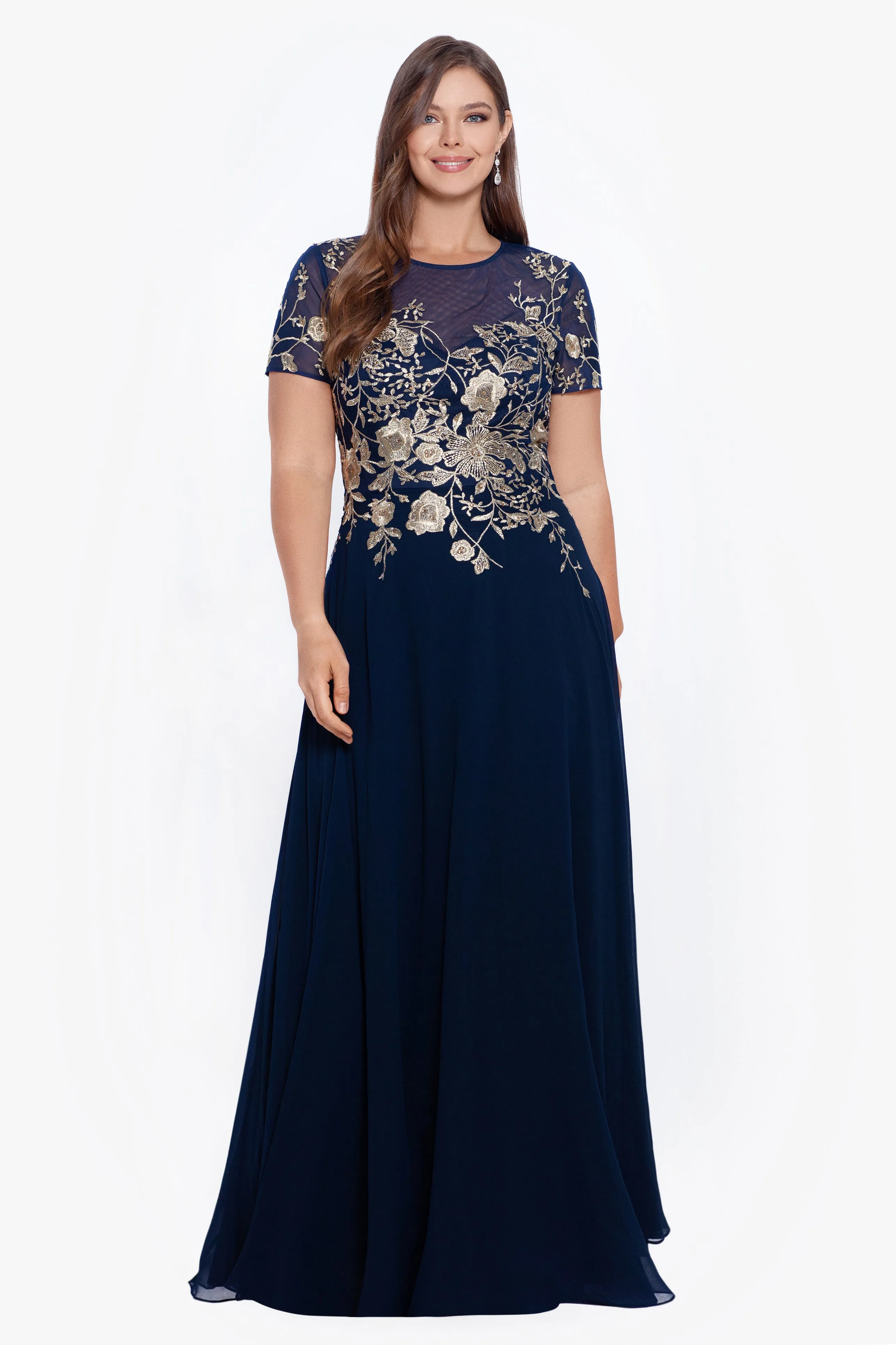 Plus "Ivanna" Long Embroidered Mesh Cap Sleeve Dress sold by Betsy & Adam