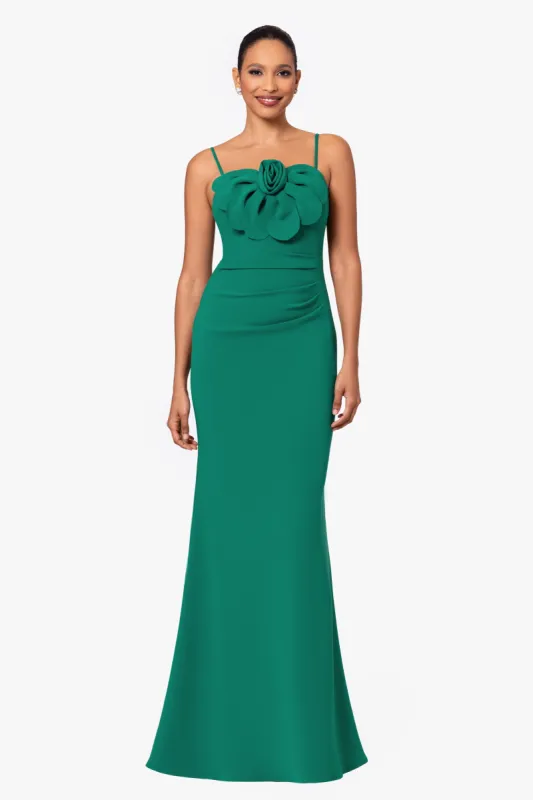 "Tina" Long Scuba Crepe Spaghetti Strap Flower Dress sold by Betsy & Adam