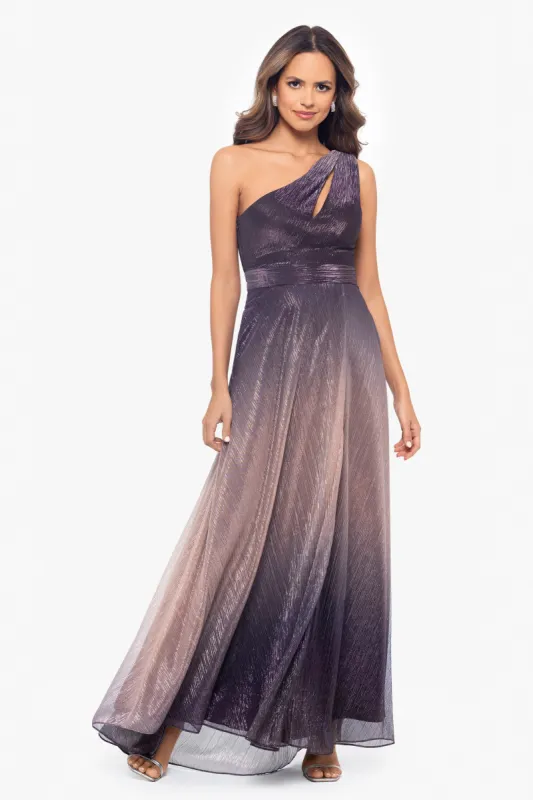 "Nicoletta" Long Ombre Crinkle Metallic One Shoulder Dress sold by Betsy & Adam