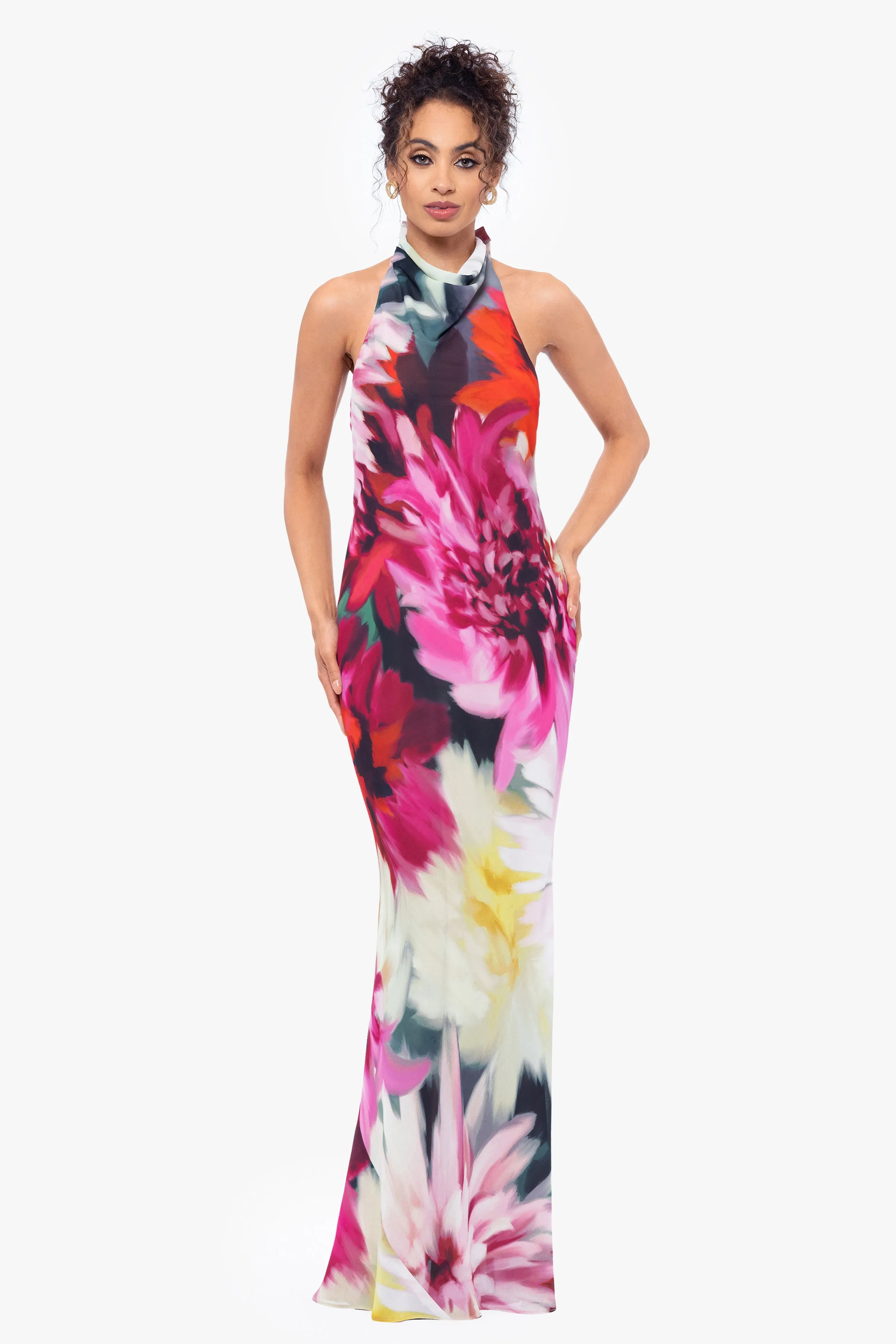 "Olivia" High Neck Chiffon Print Gown sold by Betsy & Adam