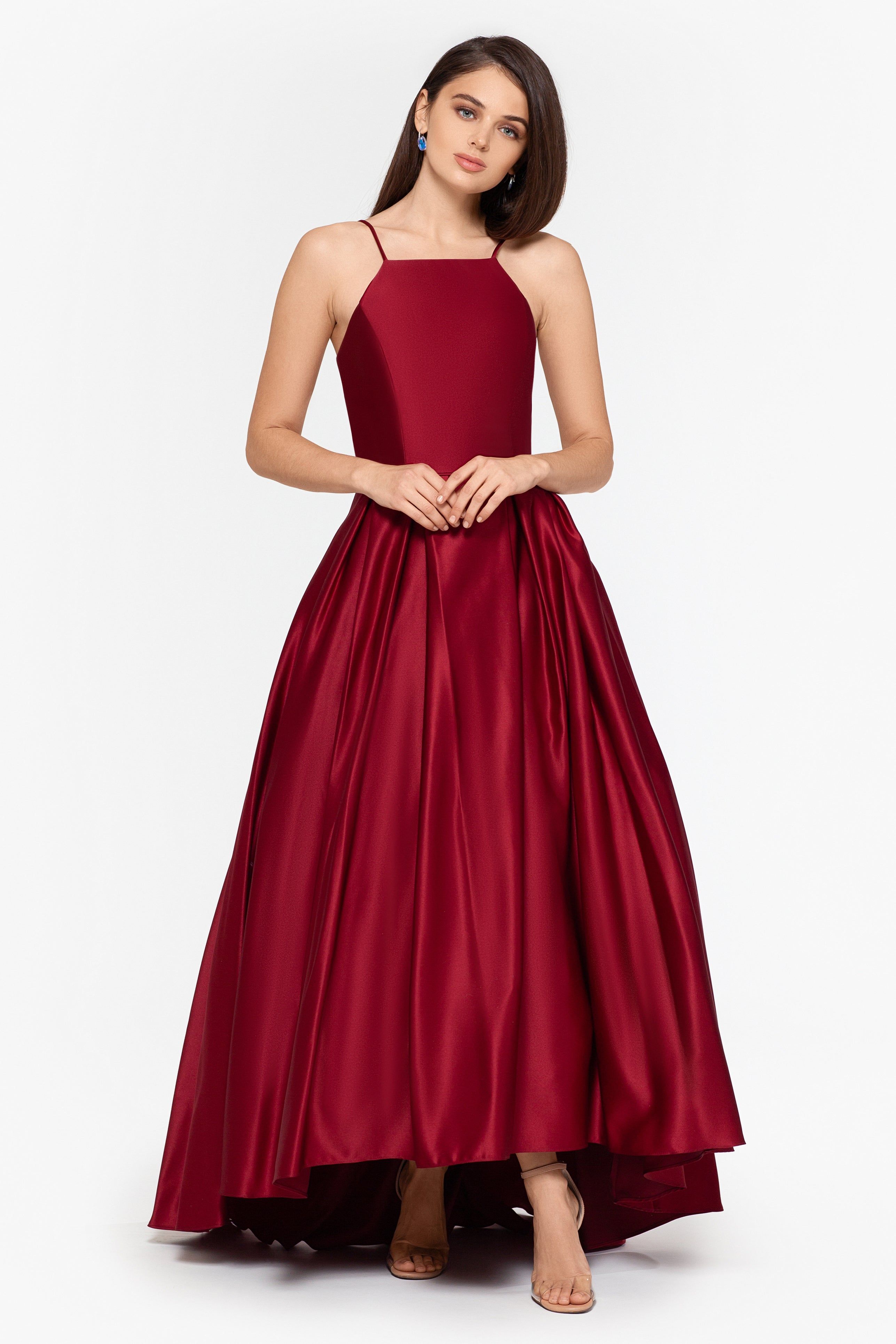 Petite "Grier" Long High Low Halter Satin Ballgown sold by Betsy & Adam