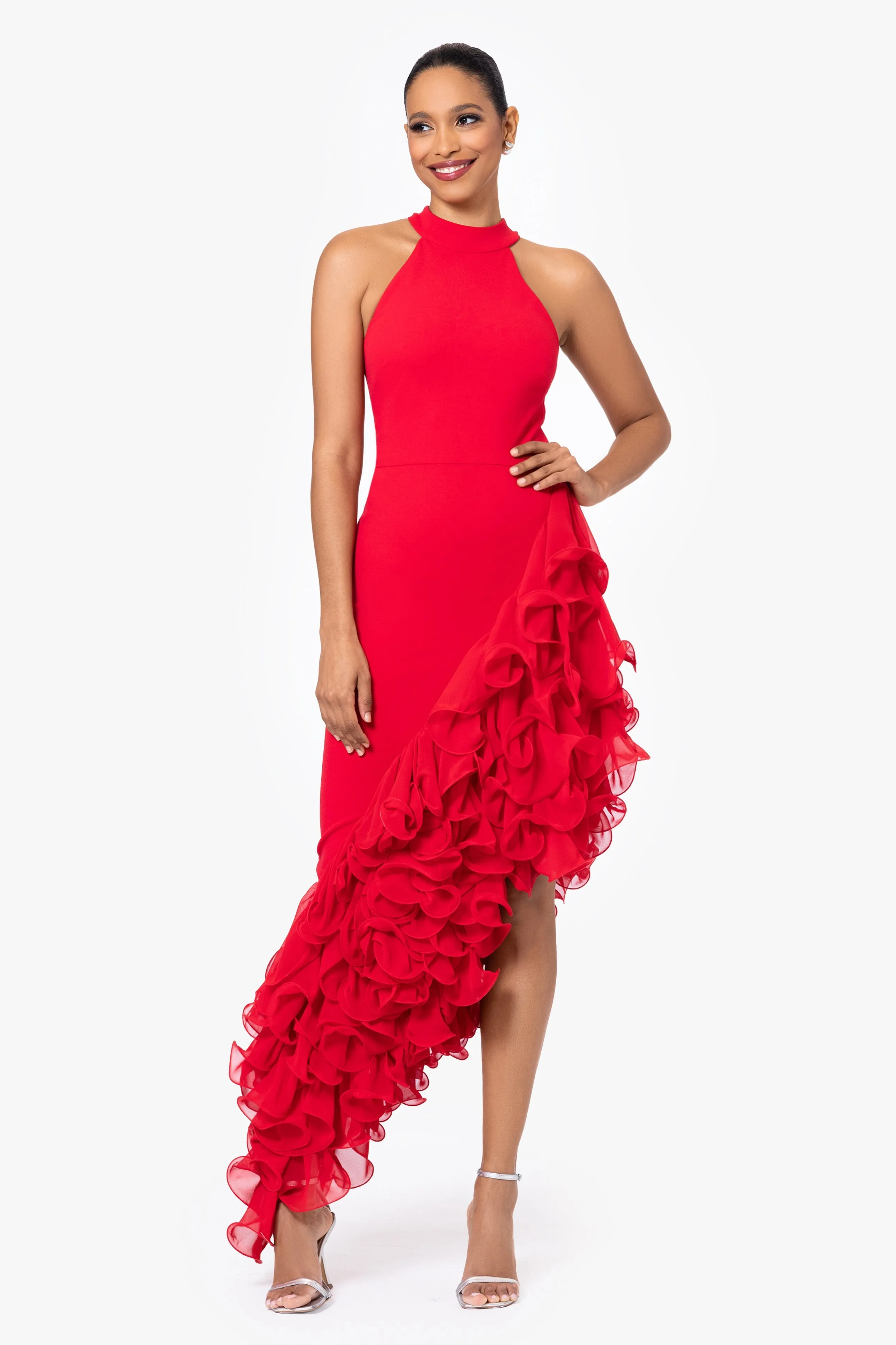 "Mona" Long Ponte Asymmetrical Ruffle Mock Neck Dress sold by Betsy & Adam product image thumbnail 3