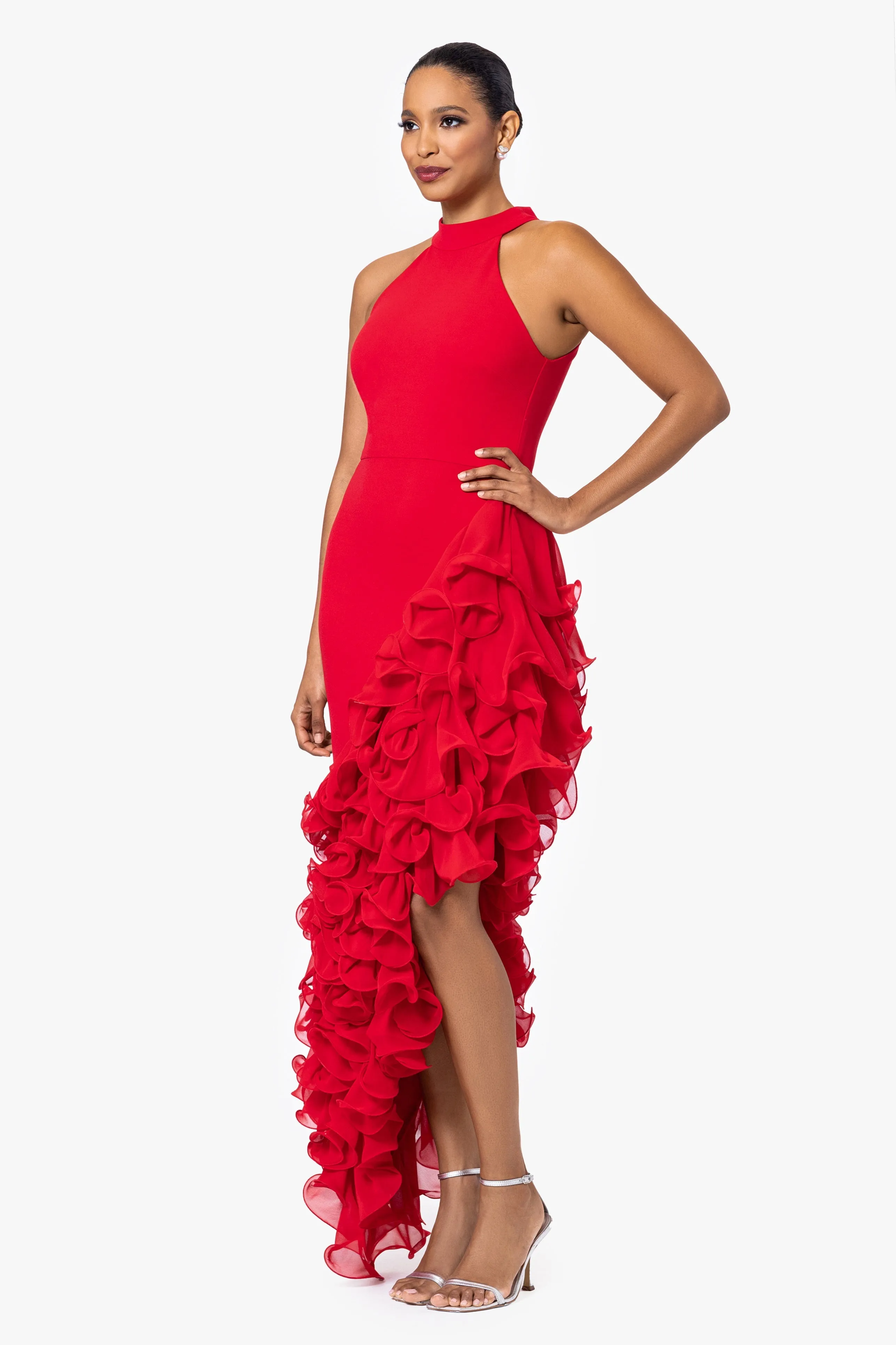 "Mona" Long Ponte Asymmetrical Ruffle Mock Neck Dress sold by Betsy & Adam product image thumbnail 4