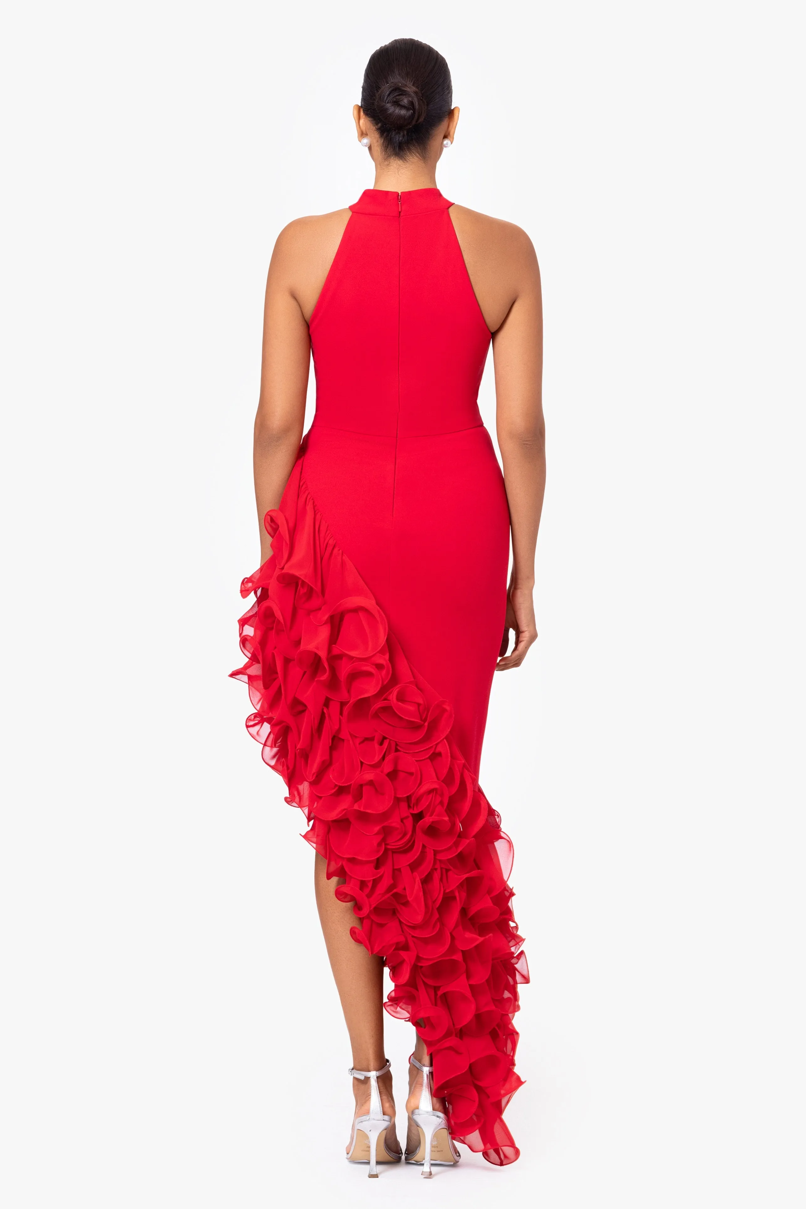 "Mona" Long Ponte Asymmetrical Ruffle Mock Neck Dress sold by Betsy & Adam product image thumbnail 2