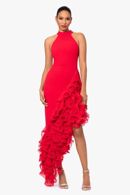 "Mona" Long Ponte Asymmetrical Ruffle Mock Neck Dress sold by Betsy & Adam